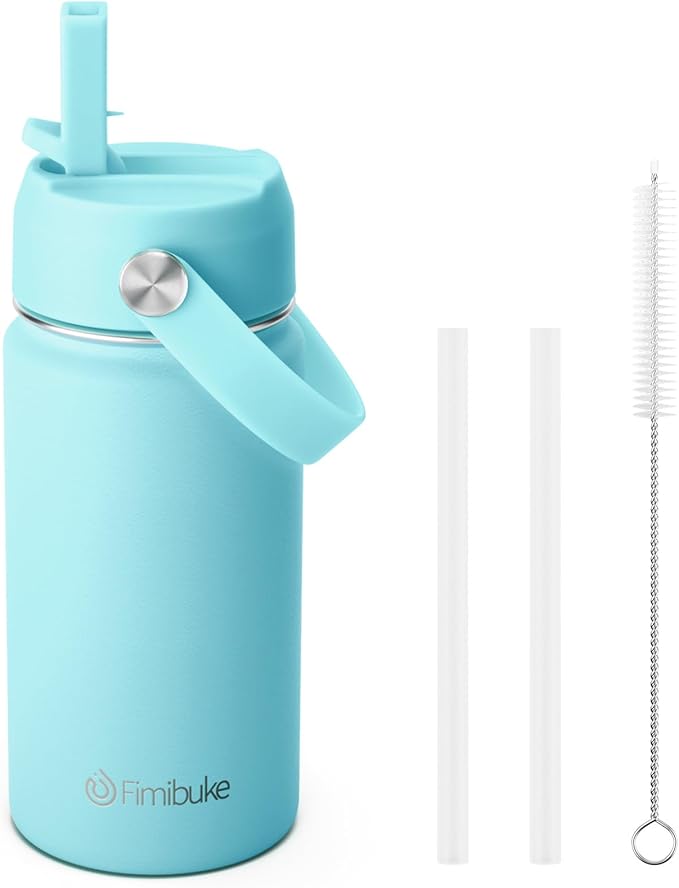 Fimibuke Kids Insulated Water Bottle, 14oz BPA FREE 18/8 Stainless Steel Travel Tumbler Double Wall Vacuum Leak Proof Kids Cup with Straw Metal Water Bottle for School Boys Girls(1 Pack, Sky)
