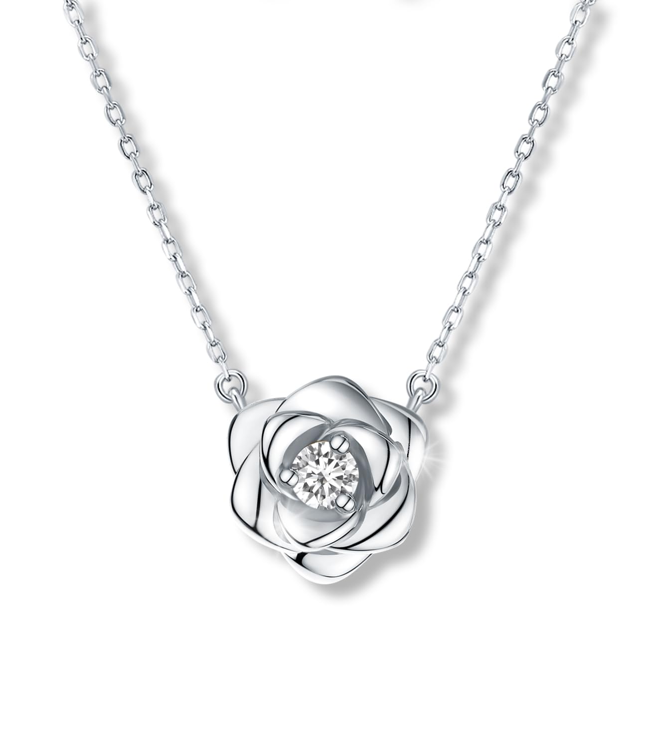 Rose Flower Necklace White Gold Plated Sterling Silver Pendant Jewelry for Women, Hypoallergenic & Nickel Free