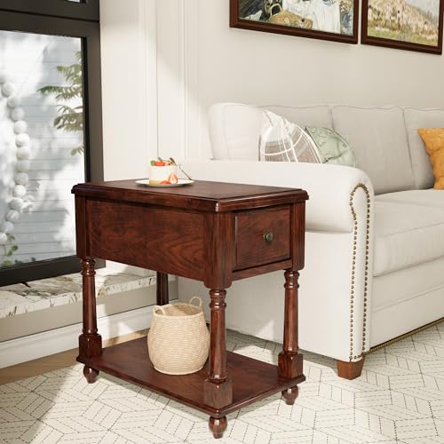 Narrow End SideTable with Drawer and Storage Shelf, Solid Wood Sofa Tables, Slim Beside Table-, Telephone for Small Spaces, Living Room, 22"L x 13"W x 22.7"H No-tools Assembly Dark Walnut BBJ004DWA