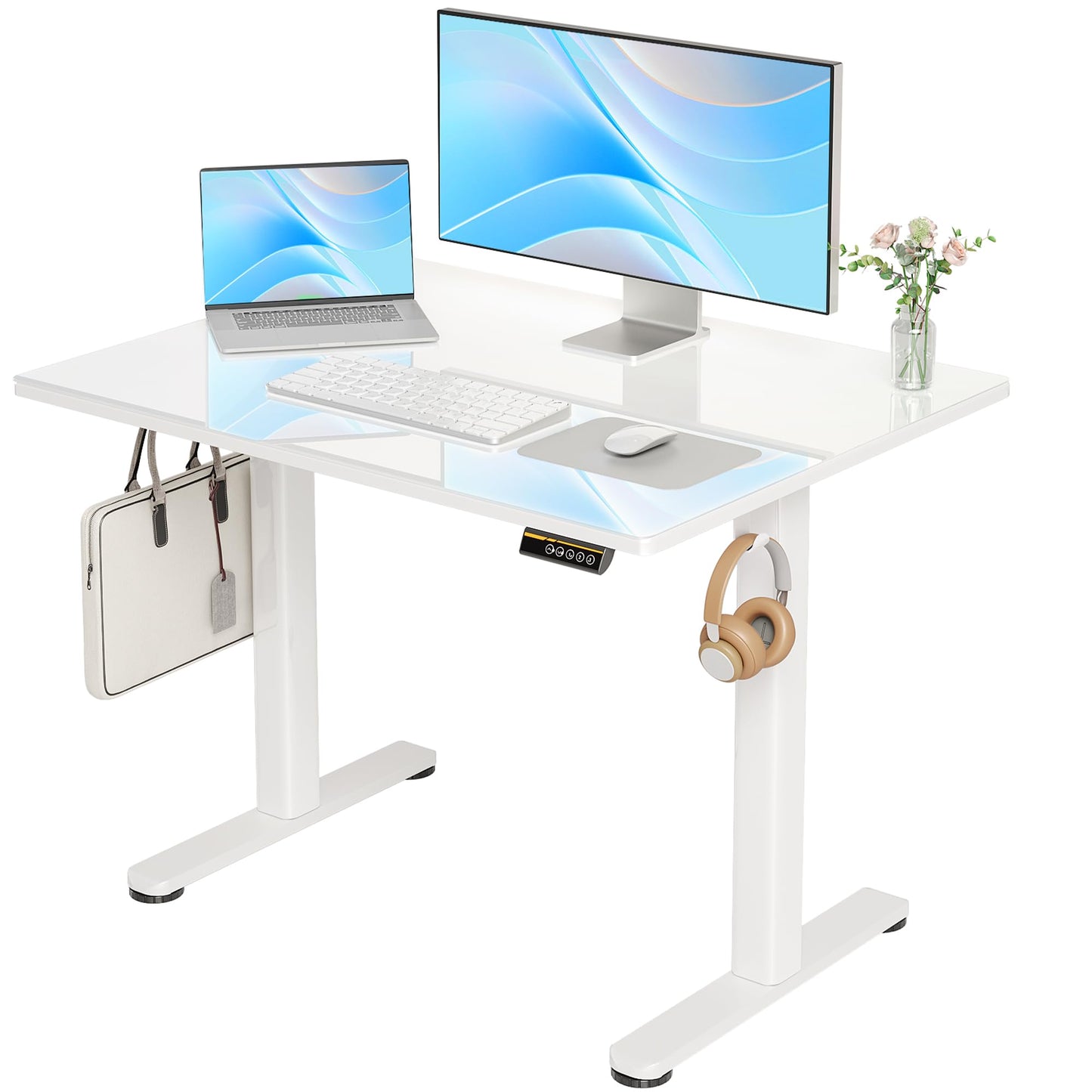 INNOVAR Glass Standing Desk, 48 x 24 Inch Electric Desk Adjustable Height White Stand Up Desks Computer Workstation, Super White