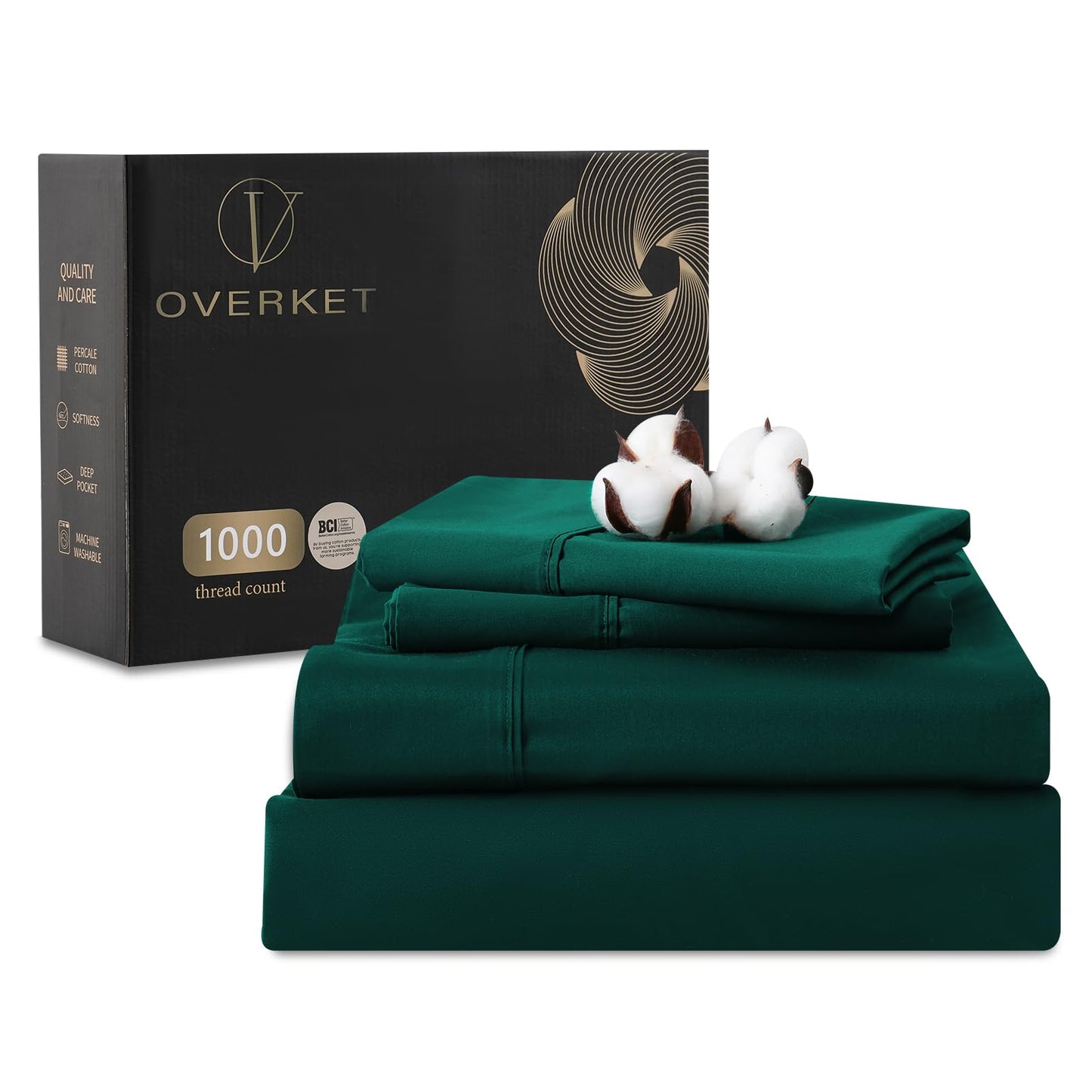 Overket 1000 Thread Count Egyptian Cotton Sheets Queen Size Set Sateen Weave Soft Breathable 16-Inch Deep Pocket 4PCS（Queen,Dark Green）