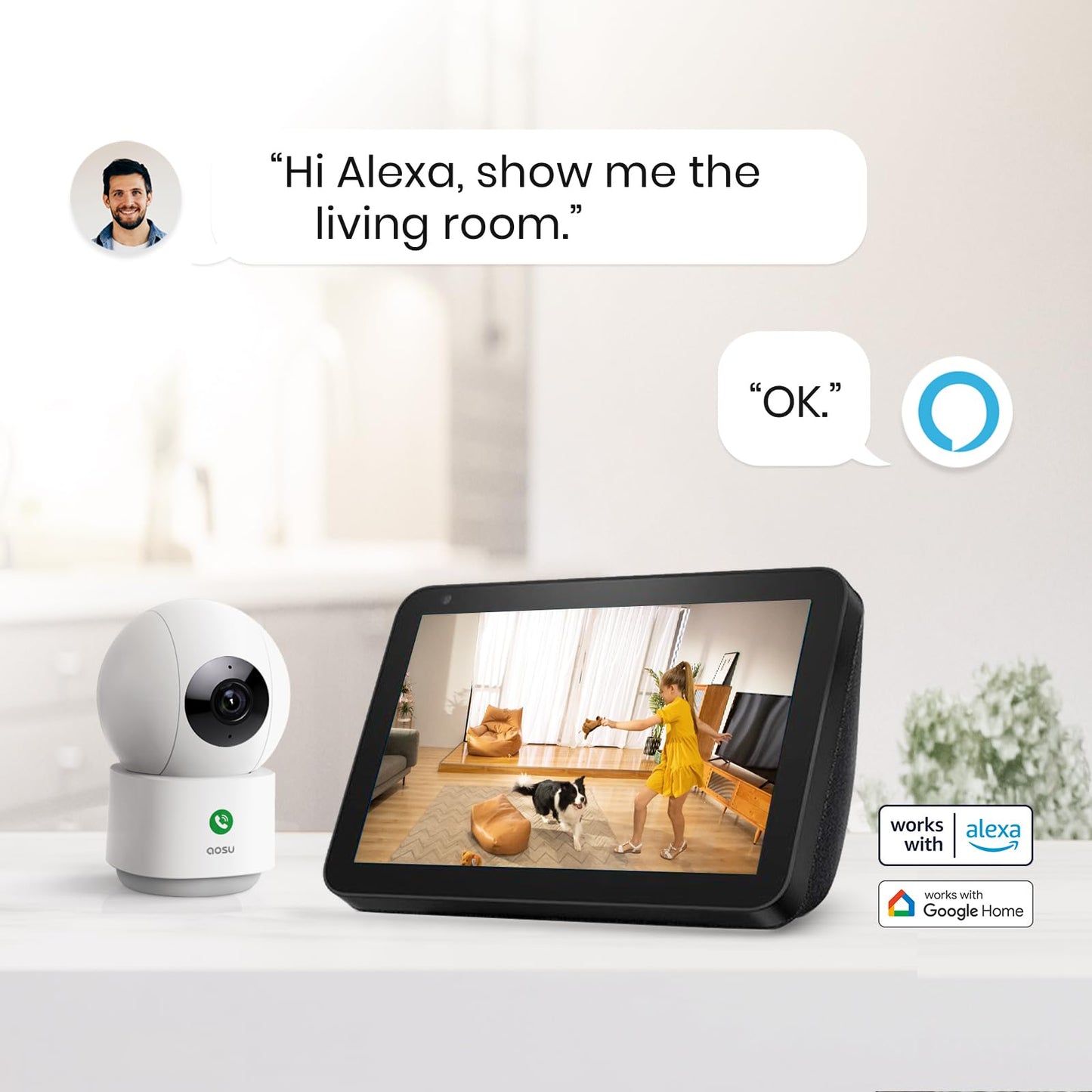 AOSU 4MP Security Camera Indoor, 2.5K Baby Monitor Pet Camera 360° for Home Security, WiFi Camera with 5/2.4 GHz Wi-Fi, One-Touch Call, Smart Motion Tracking, IR Night Vision, Compatible with Alexa
