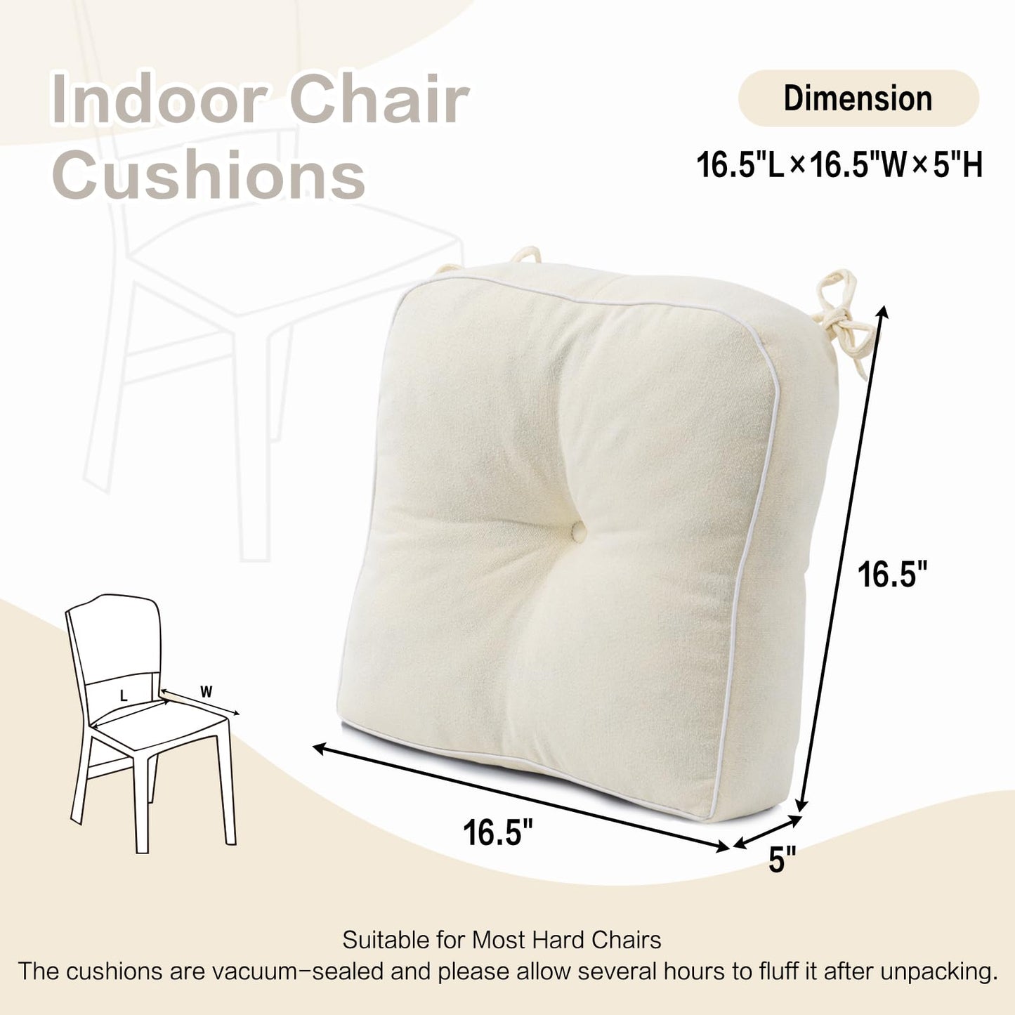 YZ HOME 4 Pack of Chair Cushions for Dining Chairs, Kitchen Chair Pads with Shredded Blue Memory Foam Filling, Indoor Outdoor Chair Seat Cushions with Ties, 16.5 x 16.5 x 5 Inches, Ivory