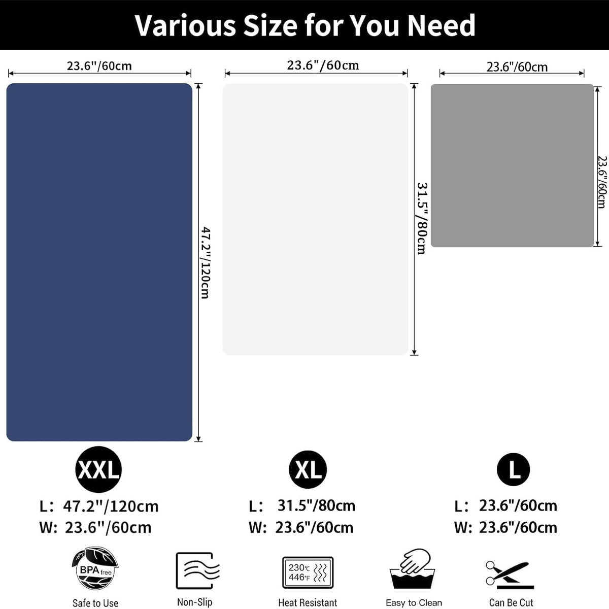 2MM Super Thick Large Silicone Mats, 23.6"x23.6" Silicone Mats for Kitchen Counter, Non-slip Heat Resistant Mat, Waterproof Countertop Protector Mat (Black)