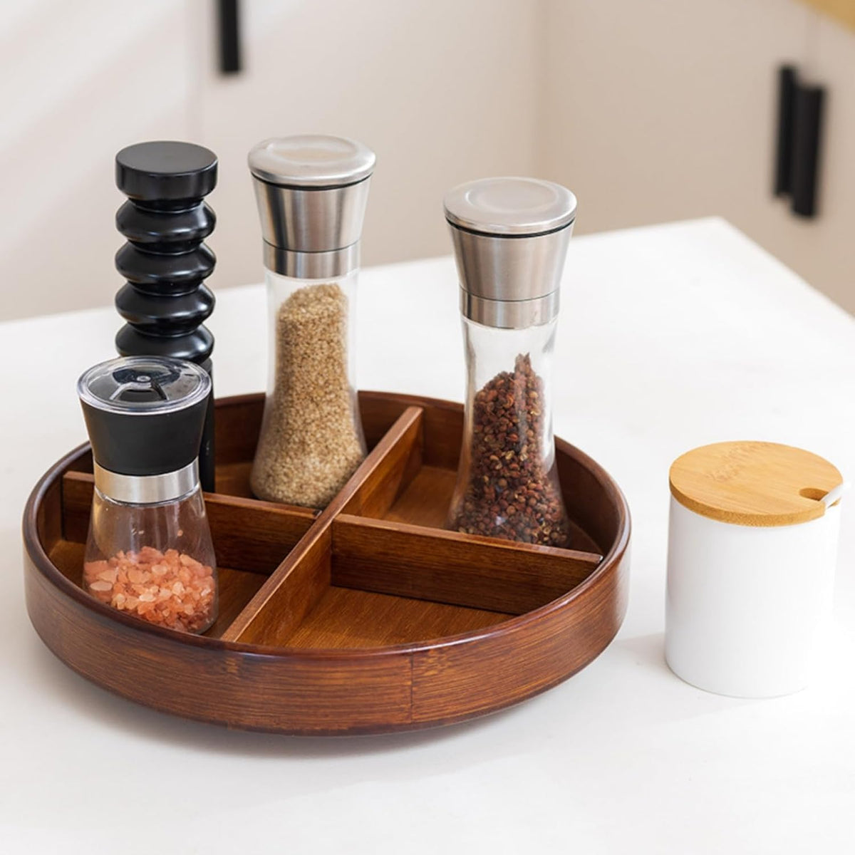 Bamboo Lazy Susan Organizer, 12'' Turntable Bamboo Tray with Removable Dividers, Rotating Spice Rack, Large Lazy Susan Turntable Organizer for Cabinet, Kitchen, Bathroom, Table