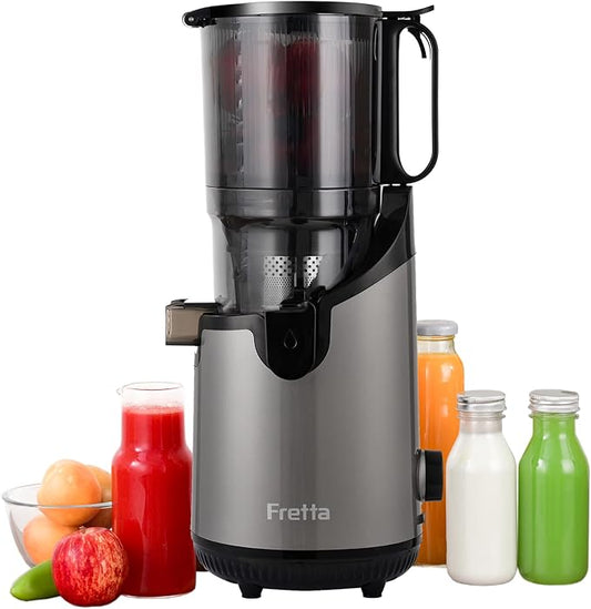 Cold Press Juicer Machines,Fretta Juicer Machines with PCTG Material from the USA,5.3" Extra Large Feed Chute Fit Whole Fruits & Vegetables,Truly BPA-Free,Easy to Clean(Grey, 1.8L)