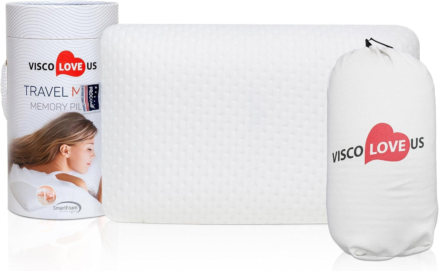 VISCO LOVE Travel & Camping Pillow - Comfortable Memory Foam Travel Small Pillow - Backpacking Pillow Easy to Carry Portable Bag Ideal for Airplane & Car Travel Pillows (White)