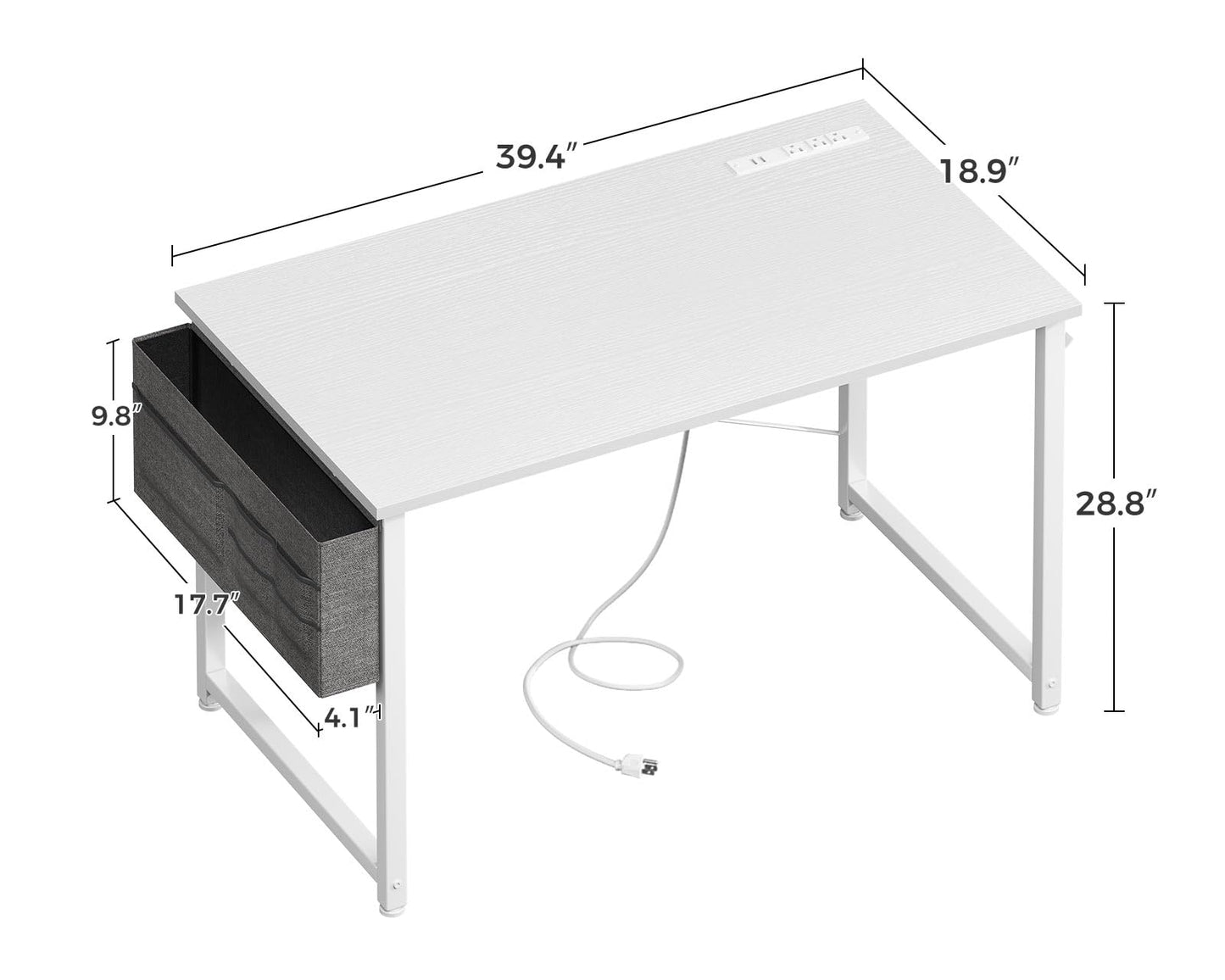 Casaottima Computer Desk, 54 inch Office Desk with Storage Bag, Writing Work Desk with Charging Station Outlets Built-in for Home Office, Study, Large Legroom, Metal Frame, White
