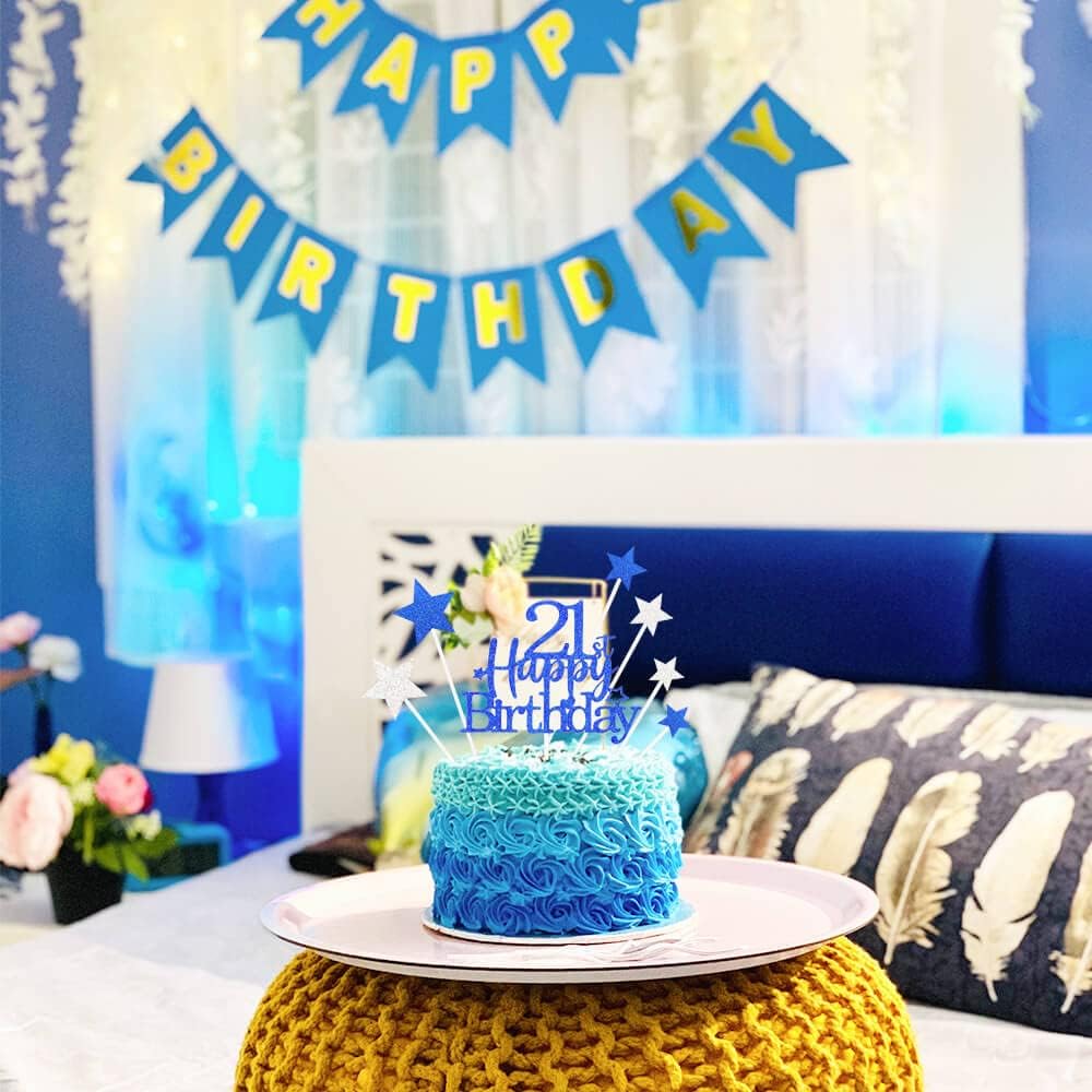 Glittery 21st Happy Birthday Cake Topper with Star,Personalised 21 Birthday Cake Toppers Party Decorations Party Supplies for Boys Girls Blue