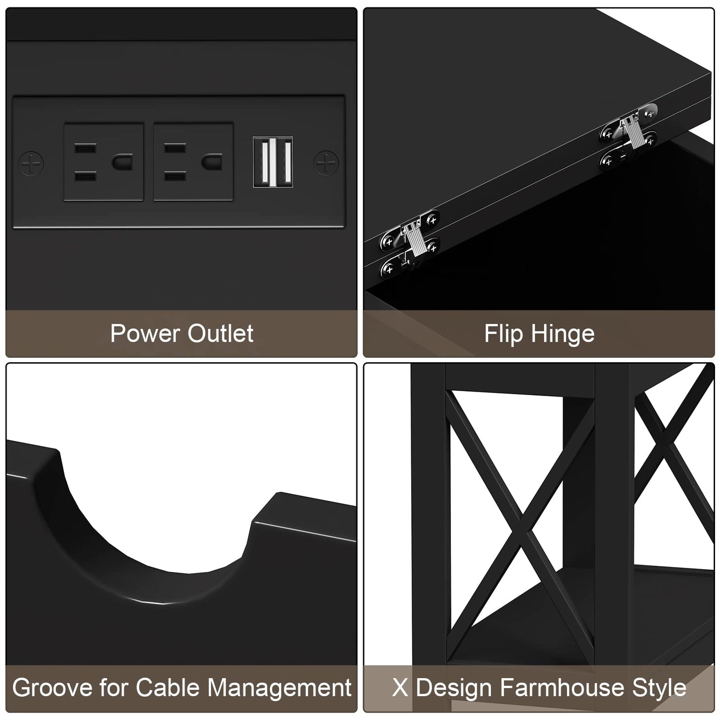 ChooChoo End Table with Charging Station, Narrow Flip Top Side Table with USB Ports & Power Outlets for Small Spaces, Bedside Table with Storage for Living Room, Bedroom, Black