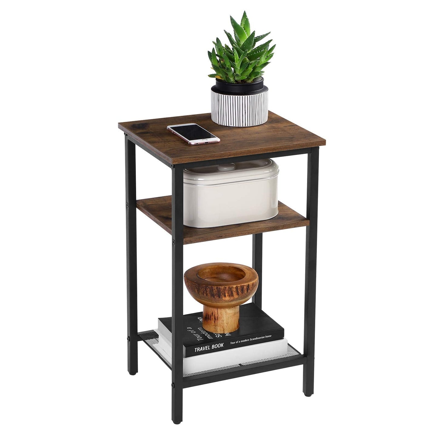 VASAGLE End Table Set of 2, 3-Tier Nightstands, Side Table for Small Space in Living Room, Bedroom, Steel Frame, Easy Assembly, 2-Pack, Chestnut Brown
