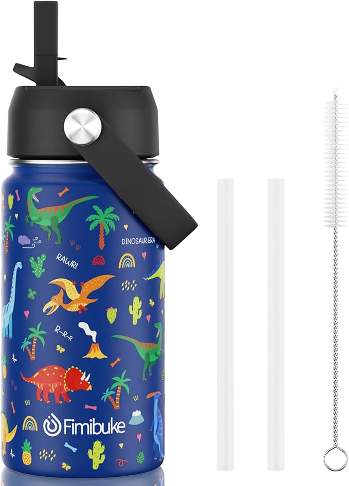 Fimibuke Kids Insulated Water Bottle, 14oz BPA FREE 18/8 Stainless Steel Travel Tumbler Double Wall Vacuum Leak Proof Kids Cup with Straw Metal Bottle for School Boys Girls(1 Pack, BLUE DINOSAUR)