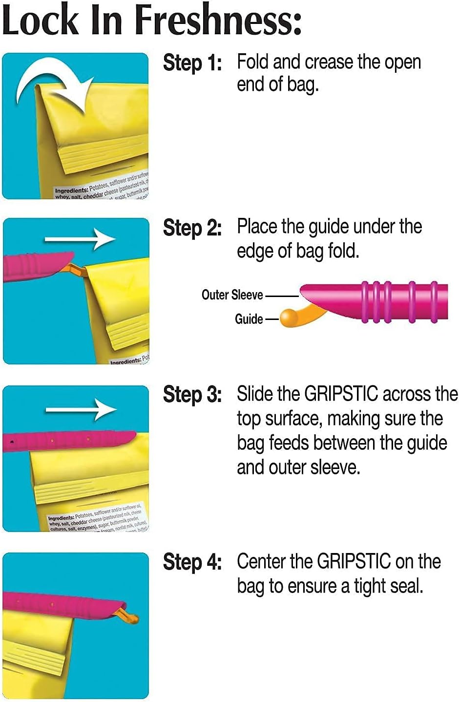 GripStic Bag Sealer. Reusable Chip Clips, Bag Clips For Food. Patented. Airtight & Waterproof Bag Clips for Food Storage. Clip Chip For Chips and Other Food Bags. (6) 11.25" and (6) 13.75" GripStics.