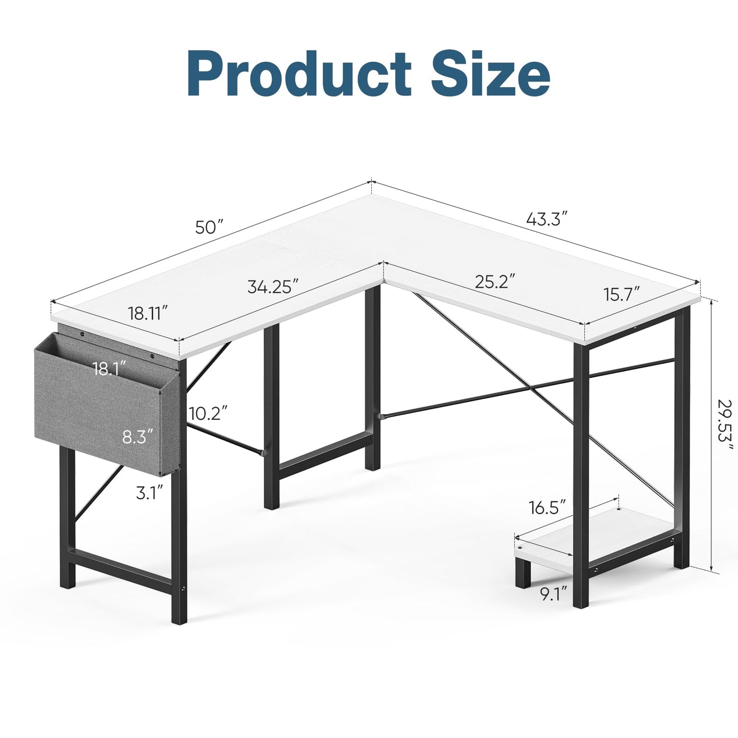 DUMOS L Shaped Desk Computer Gaming Corner Table 50 Inch Home Office Writing Student Work PC Workstation with Side Storage Bag CPU Stand for Bedroom Small Spaces