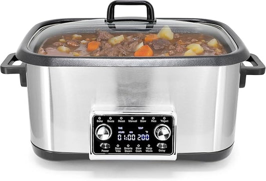 8 Quart 12-in-1 Deluxe Multi Cooker with Sous Vide Function, Programmable Electric Pressure Cooker with Non-Stick Pot, Glass Lid & Adjustable Temperature Settings for Family Meals