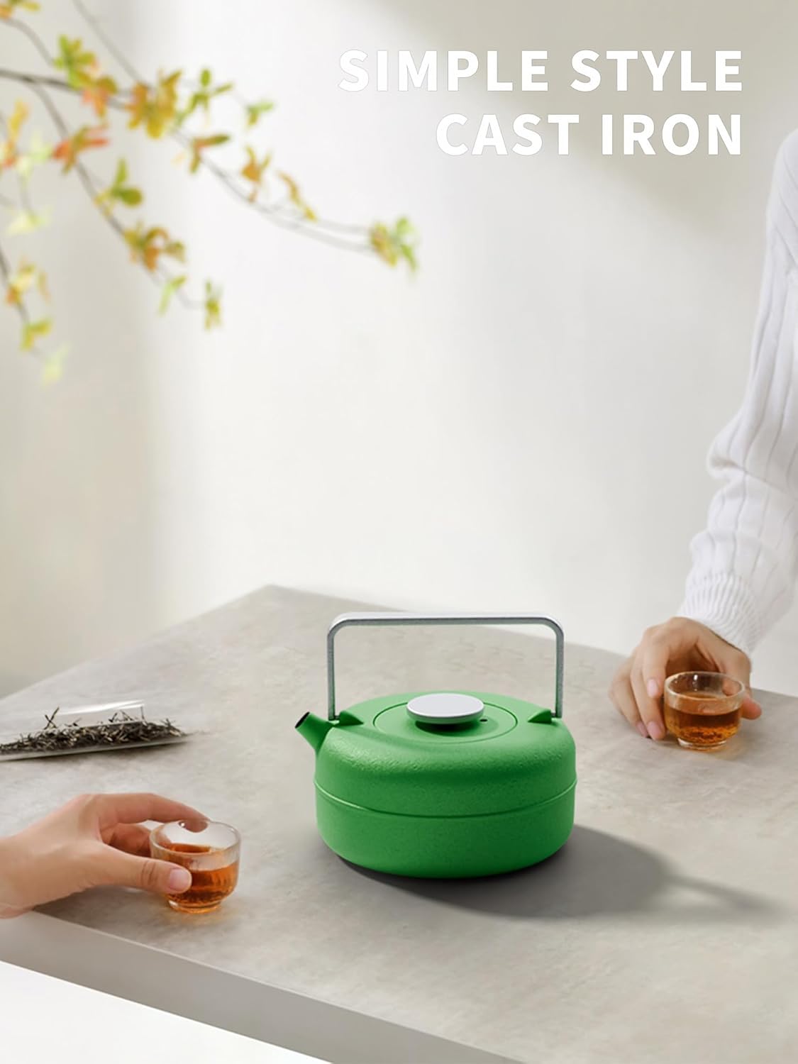 Toptier Teapot with Removable Infuser, Cast Iron Tea Kettle Stovetop Safe, Solid Geometry Cylinder Design Tea Pot Coated with Enameled Interior for 27 Ounce (800 ml), Emerald Green