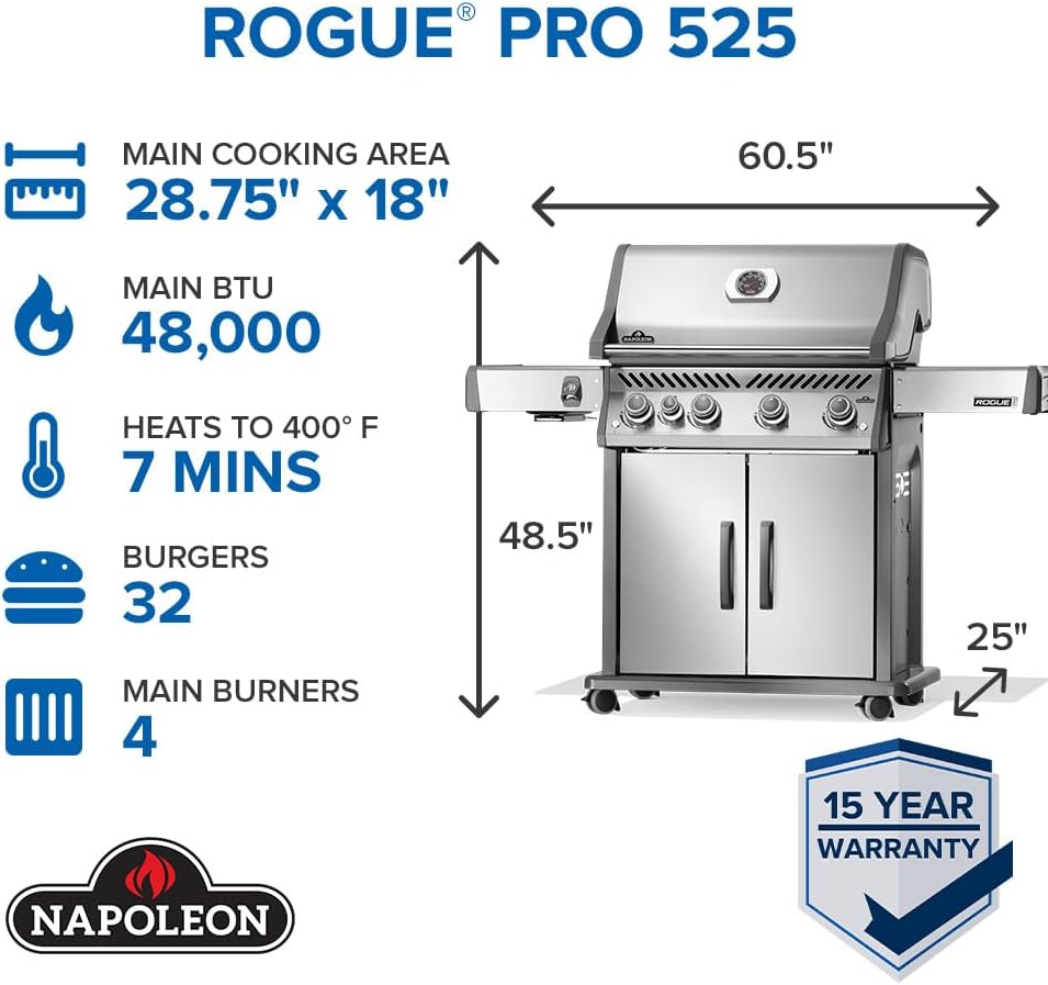 Napoleon Rogue PRO 525 Natural Gas Grill with Infrared Side Burner, Stainless Steel, Durable 5-Burner Gas Grill