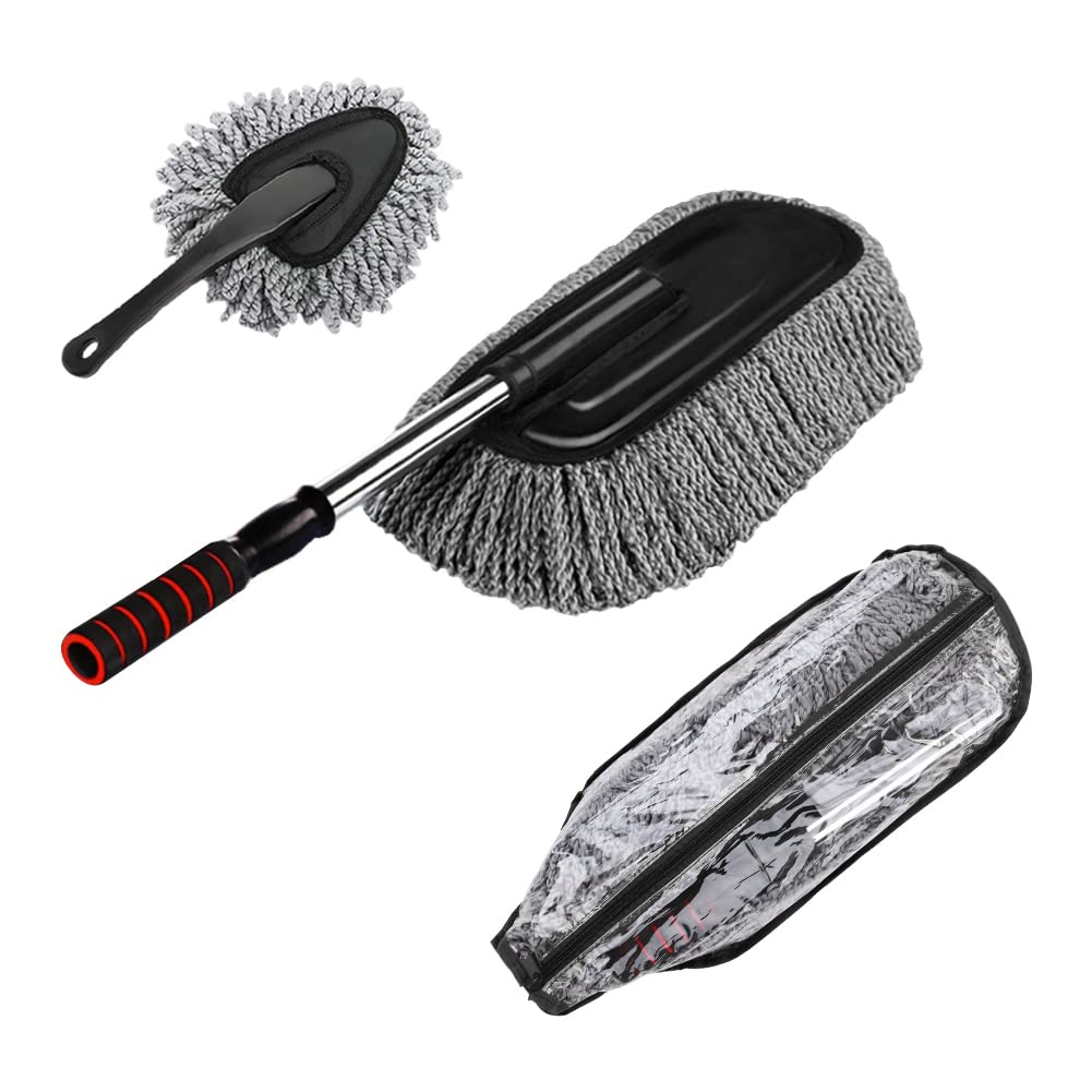 Microfiber Car Duster Exterior Interior Cleaner Cleaning Kit size 15.7 inch with Long Retractable Handle to Trap Dust and Pollen for Car Bike RV Boats or Home use - Grey