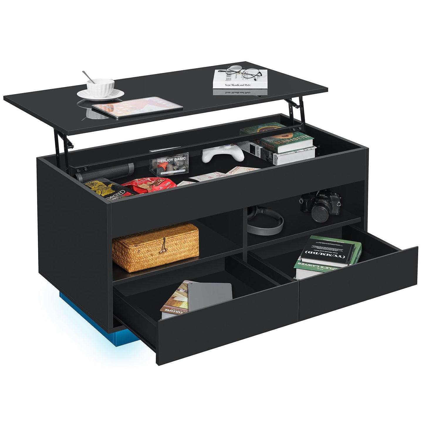HOMMPA 40‘’ LED Coffee Table for Living Room, Lift Top Coffee Tables with Storage, Morden High Gloss 4 Tiers Black Tea Table Center Tables with Hidden Compartment & 2 Open Shelve & 2 Drawers