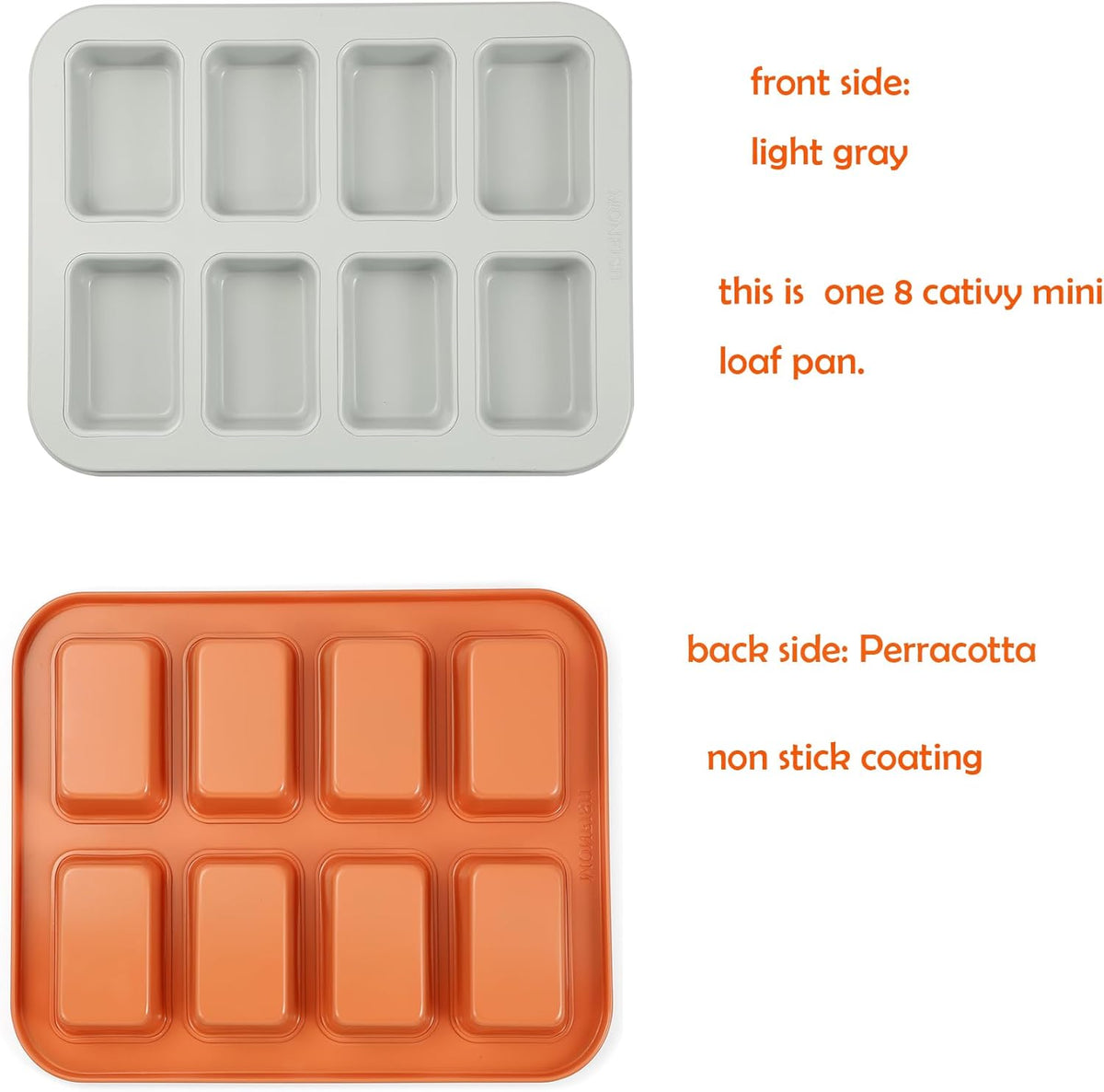 Mini Loaf Baking Pan 8 Cavity- Small Rectangle cake Pan -Financier Cake Mold Carbon Steel light gray non-stick coating bakeware w Perracotta base