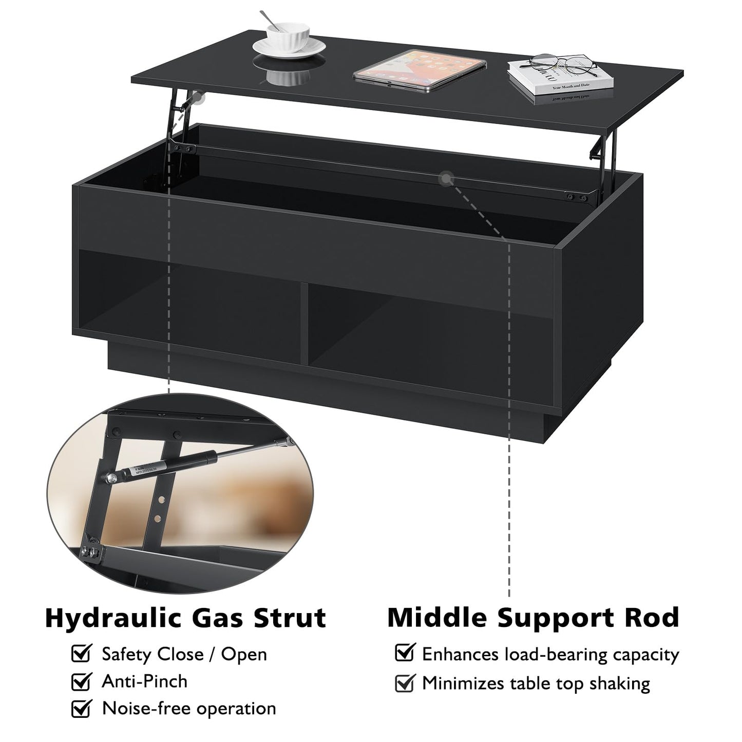 LED Coffee Table Black Lift Top Coffee Table with Storage Modern Tea Table with Hidden Compartment Lift Up Dining Center Table with LED Light for Living Room Home Office