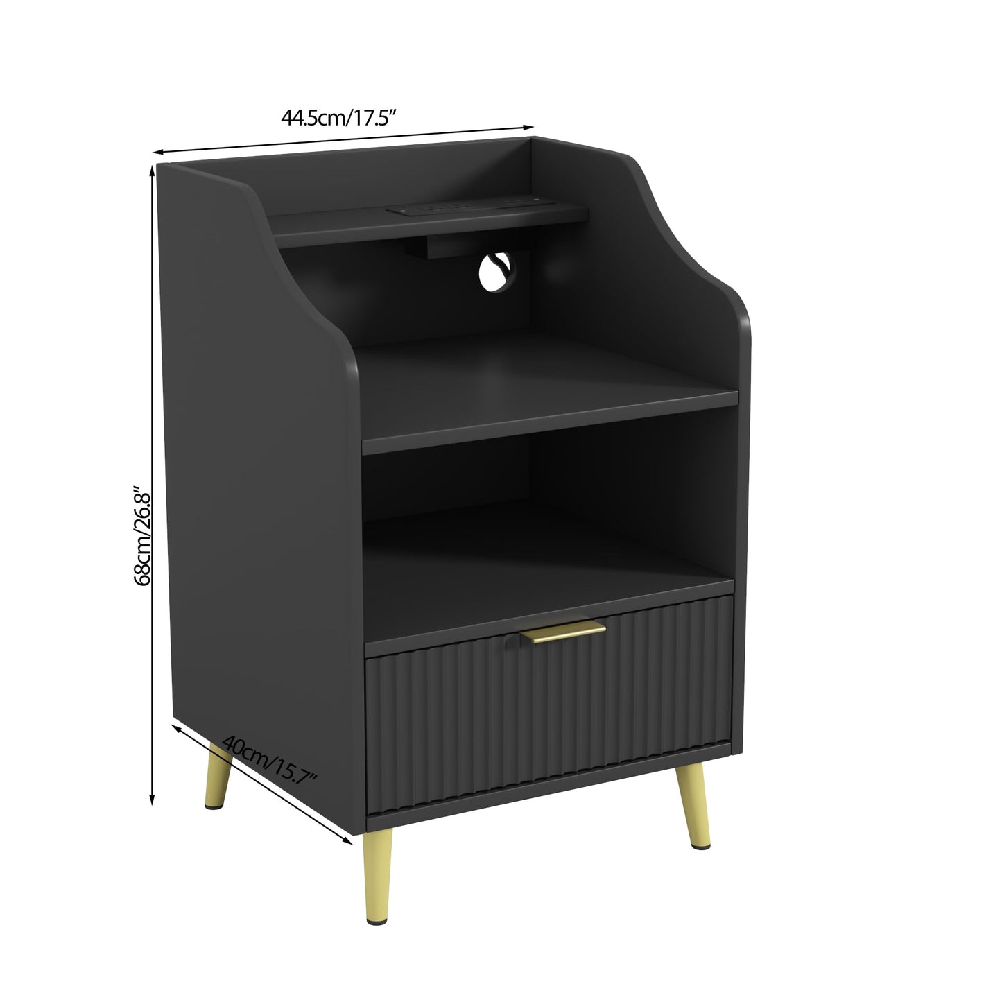 Fluted Nightstand with Charging Station, Modern Side Table with Storage, Wood Fluted End Table with1 Drawers, Bedside Table for Bedroom, Living Room (Black)