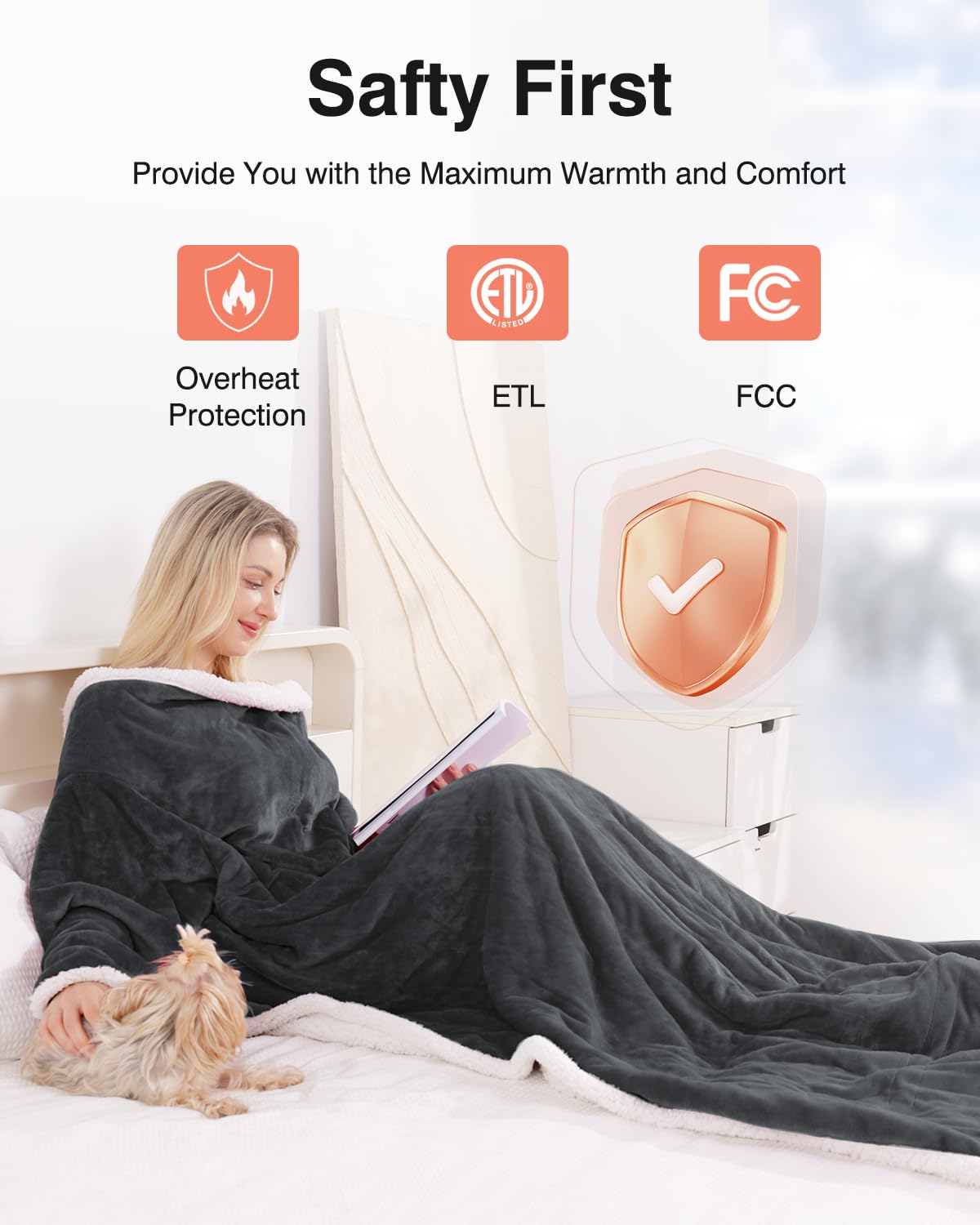 Wearable Heated Blanket with Sleeves, Electric Heated Blanket for Gifts, Electric Throw Wrap Poncho Shawl with Pockets, 6 Heating Levels & 4 Hours Time Settings, 50 x 70 Inch (Grey)