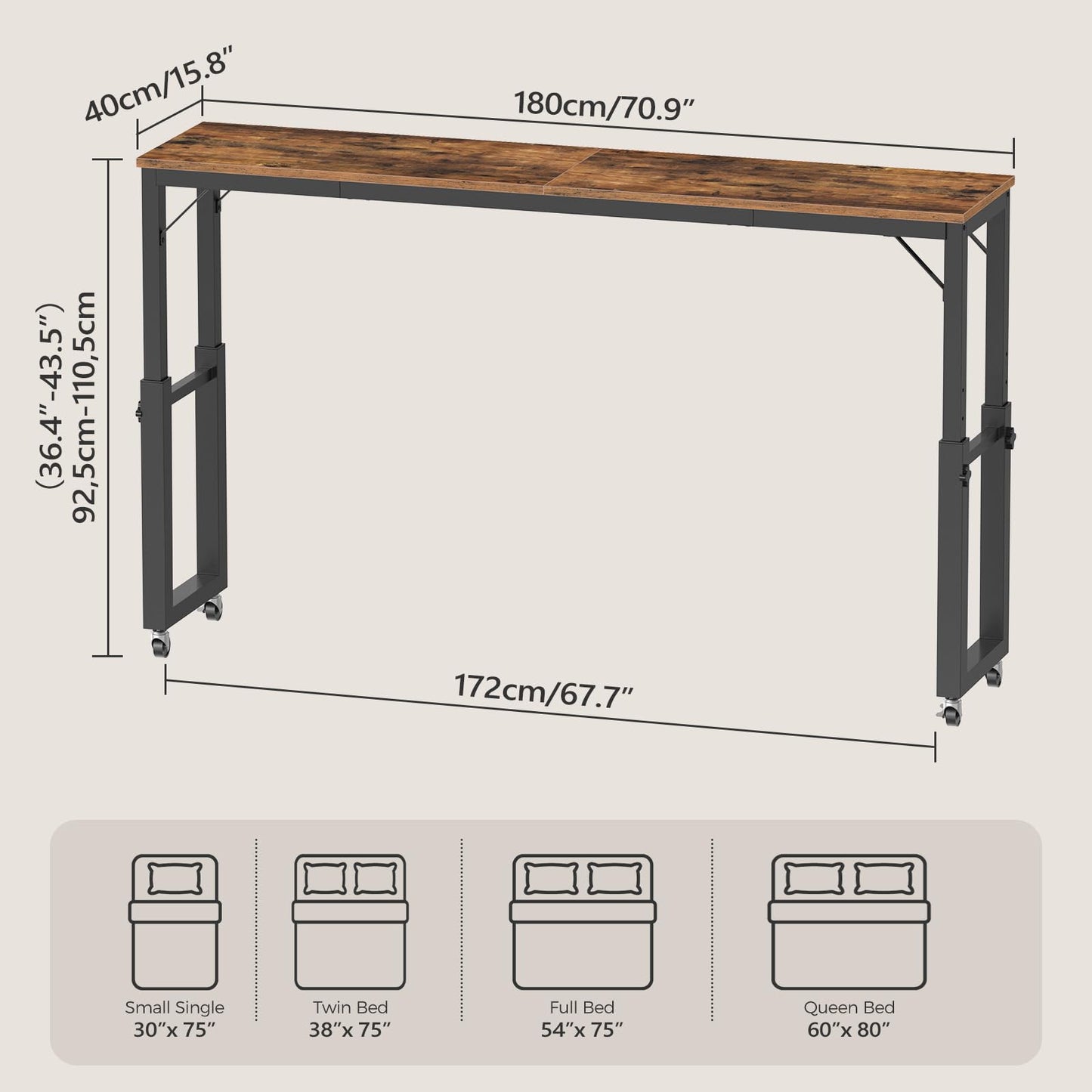 MAHANCRIS Overbed Table with Wheels, Queen Size Mobile Bed Desk with Adjustable Height, Rolling Table, Dining Table, Computer Desk, for Bedroom, Living Room, Office, Rustic Brown MTHR18001