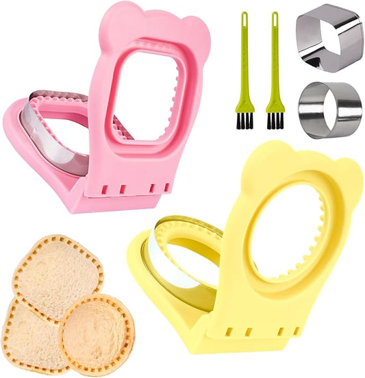 LEPCY Uncrustables Sandwich Maker Sealer Cutter, Crustless Sandwich Cutter, PB&J Uncrustable Maker - Pink Square Shape + Yellow Round Shape