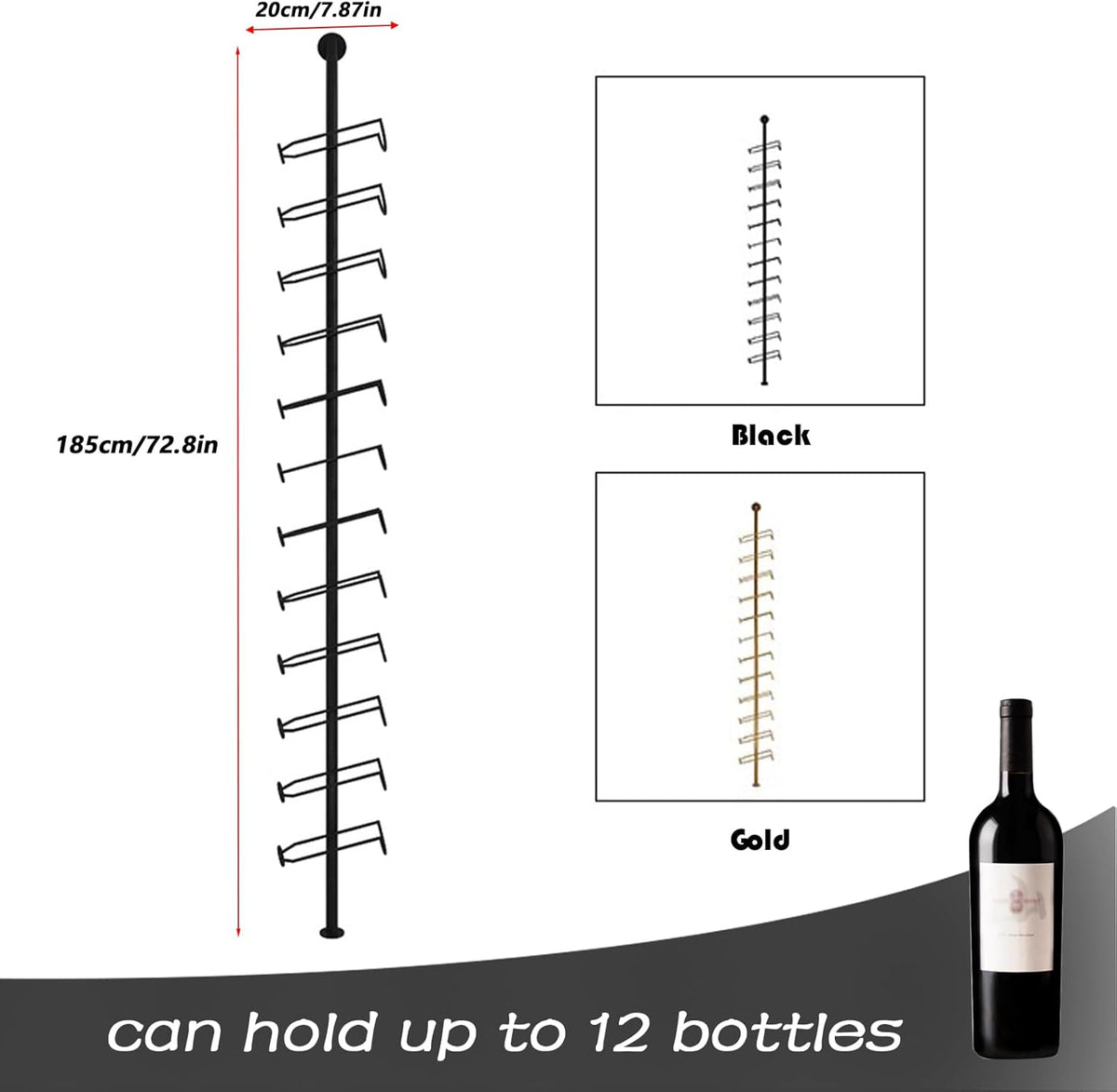 Wine Rack Wall Mounted, 72.8in High Metal Wine Bottle Holder for 12 Bottles, Kitchen Organization and Wine Storage for Commercial Restaurants Pantry Bar Wine Cellar (Black, six rows-72 Bottles)