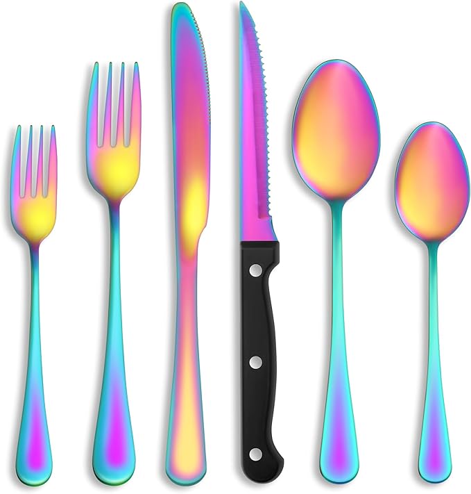 36 Pcs Rainbow Silverware Set with Steak Knives Service for 6,Stainless Steel Flatware Set,Mirror Polished Cutlery Utensil Set, Kitchen Eating Tableware,Include Fork Knife Spoon Set,Dishwasher Safe