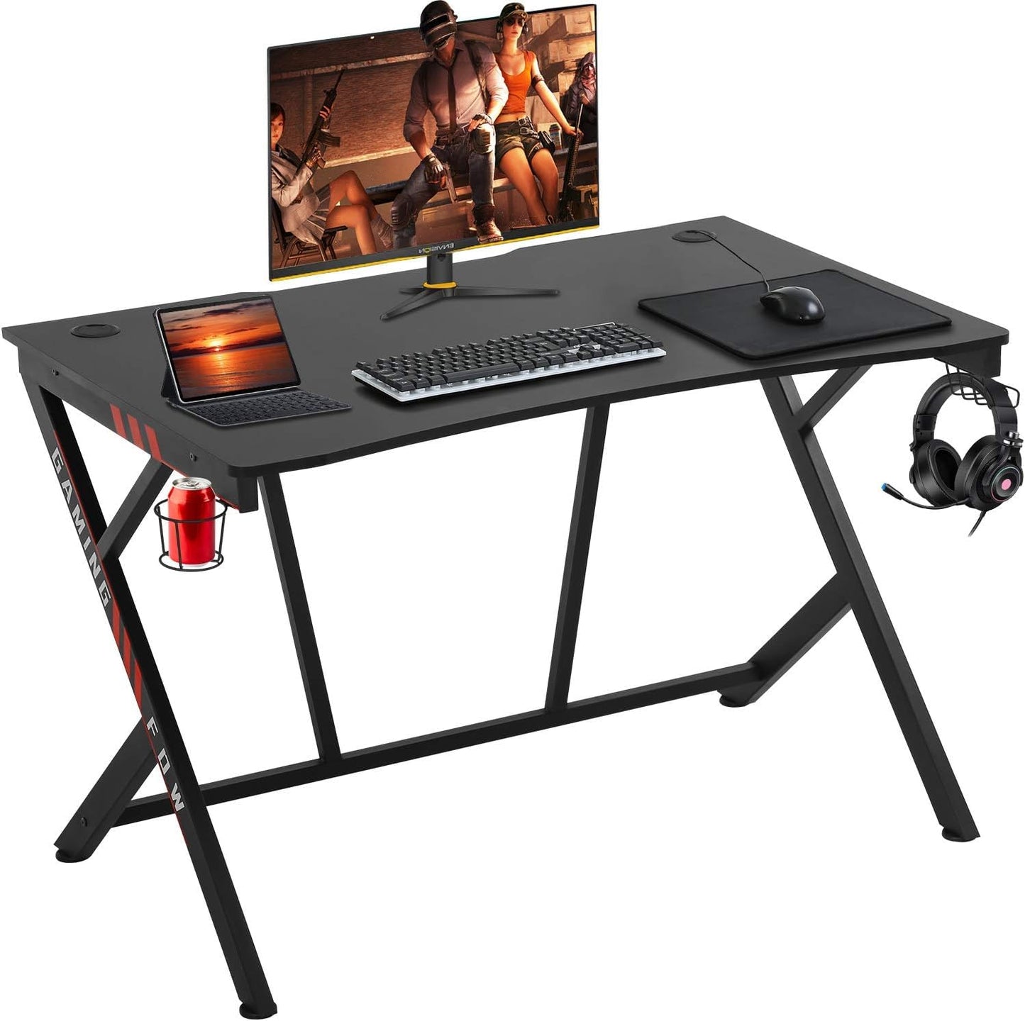 PlayLessHere Gaming Desk 45" W x 29" D Home Office Computer Desk Racing Style Study Desk Extra Large Modern Ergonomic PC Carbon Fiber Writing Desk Table with Cup Holder Headphone Hook