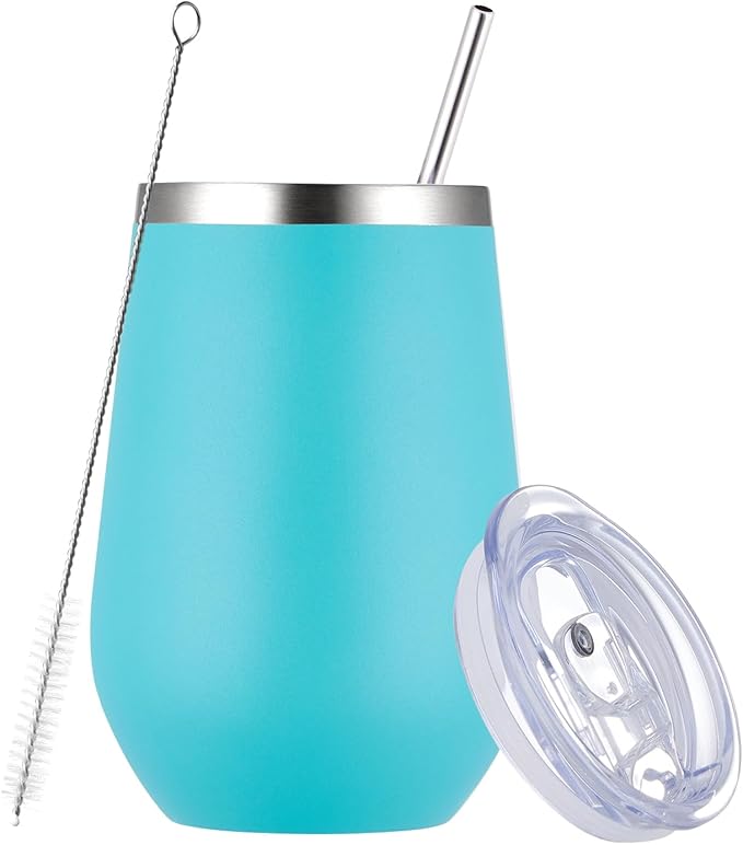 MEWAY 12oz Insulated Wine Tumbler with Lid and Straw - Double Wall Vacuum Stainless Steel Wine glass, for Travel and Office, Baby shower prizes for winners(Light Green,1)