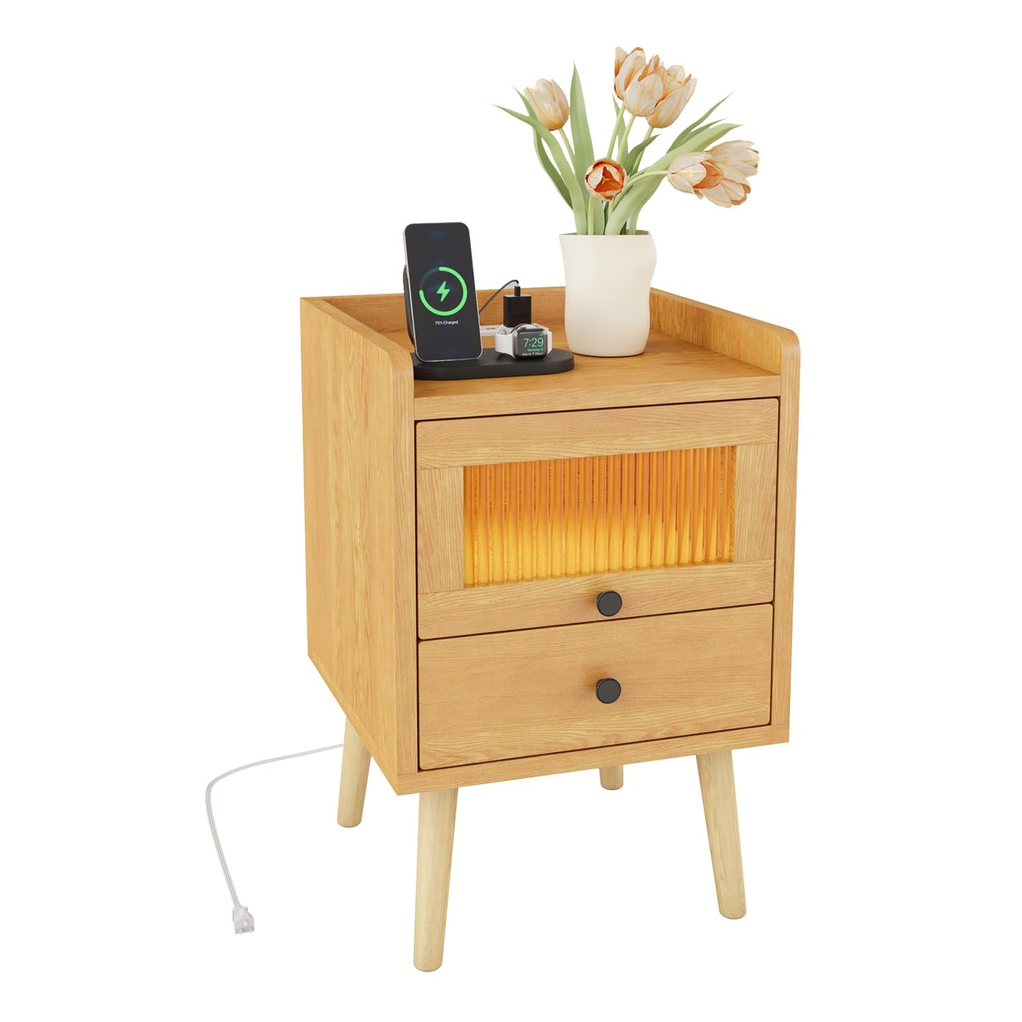 VOWNER Nightstand with Charging Station, LED Night Stand with Glass Door & Drawer, Bedside Table for Bedroom, Living Room, Natural