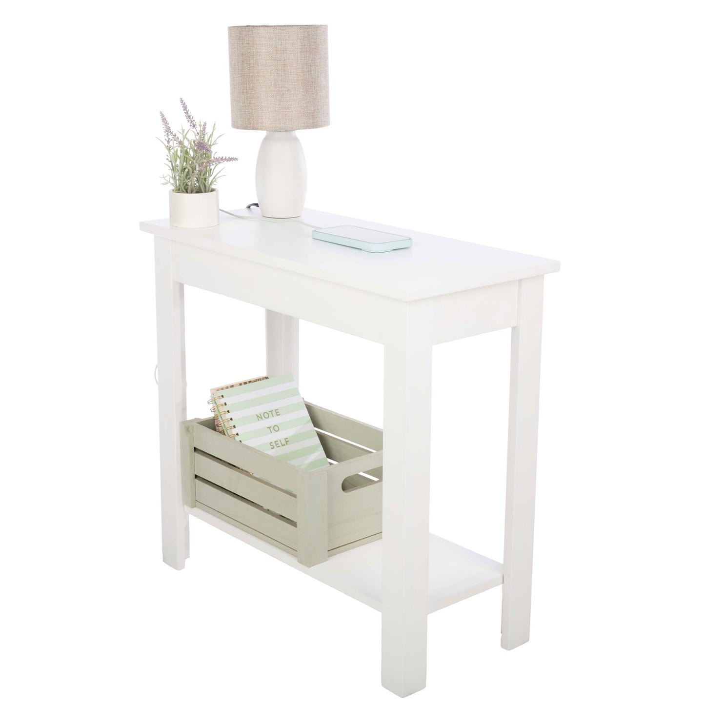 Lavish Home Narrow Side Table with Charging Station - Small End Table with 2 USB Ports, 2 Power Outlets, and Storage Shelf - Slim Nightstand for Living Room, Bedroom, or Small Spaces (White)
