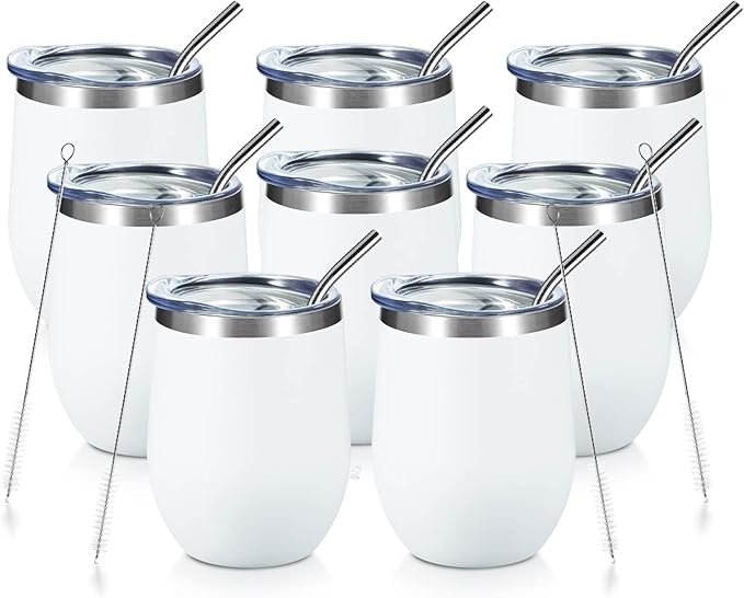 COMOOO 12oz Wine Tumbler with Lid and Straw, Stainless Steel Stemless Wine Glass, Double Wall Vacuum Insulated Wine Tumbler Cup, Cocktails,Beer,Champaign, White, 8 Pack