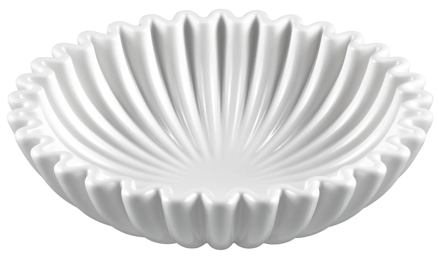 Handmade Ceramic Fruit Bowl for Kitchen Counter, Large Decorative Bowl for Home Decor, White Scalloped Ruffle Bowl for Centerpiece, Entryway Bowl, Microwave and Dishwasher Safe, 10" L x 10" W x 3.2" H