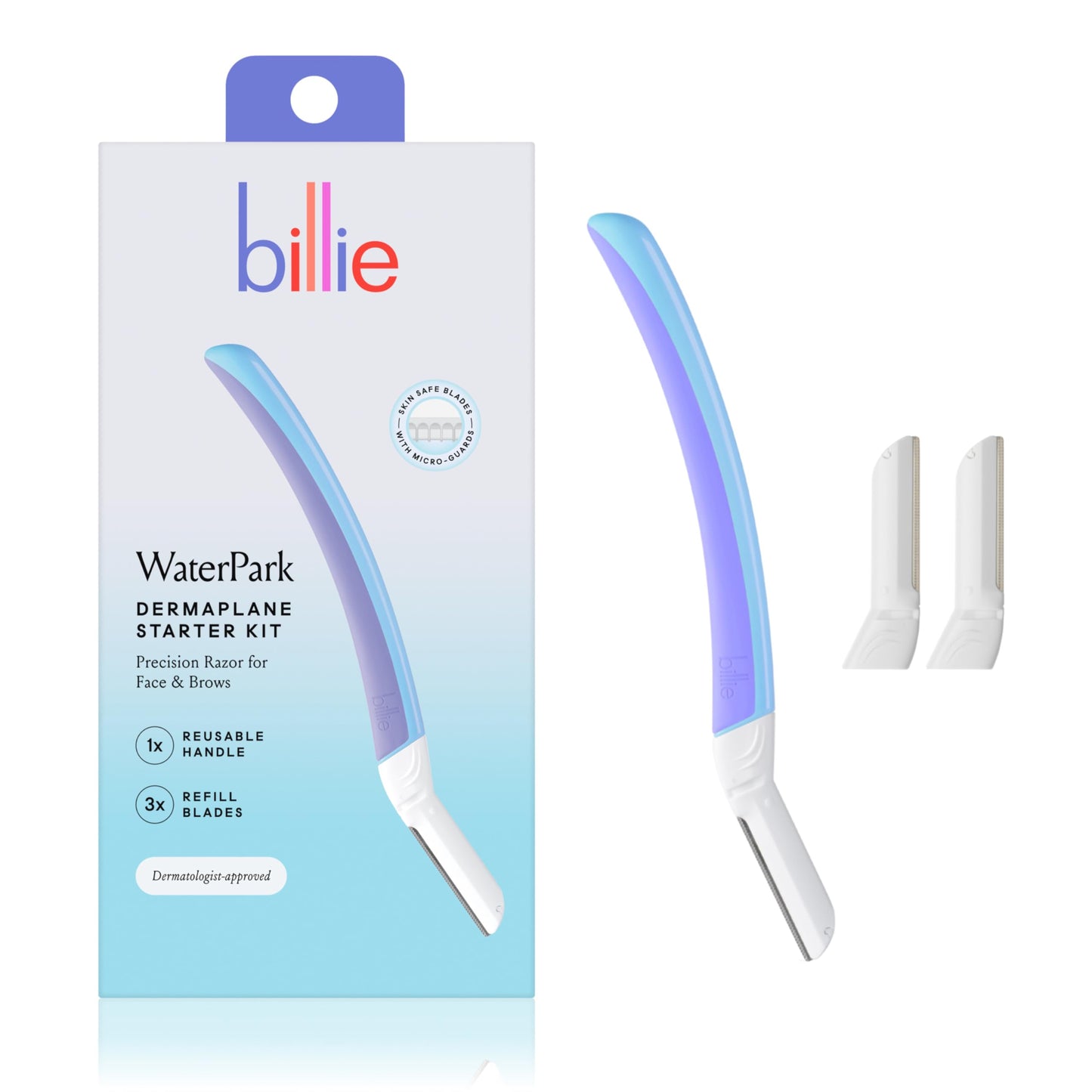 Billie - Dermaplane Starter Kit - Reusable Handle + 3 Refill Blades - Remove Facial Hair + Perfectly Shape Brows - Dermatologist-Approved - Malibu