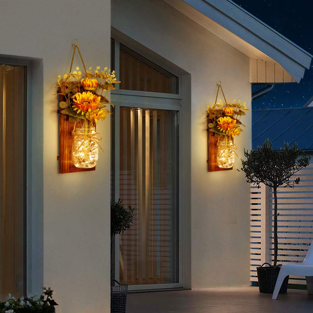 OurWarm Country Farmhouse Sunflower Wall Decor with Mason Jars, Remote 6-Hour Timer LED Lights, Hanging Mason Jar for Home Kitchen Decor Living Room Lights, Set of 2