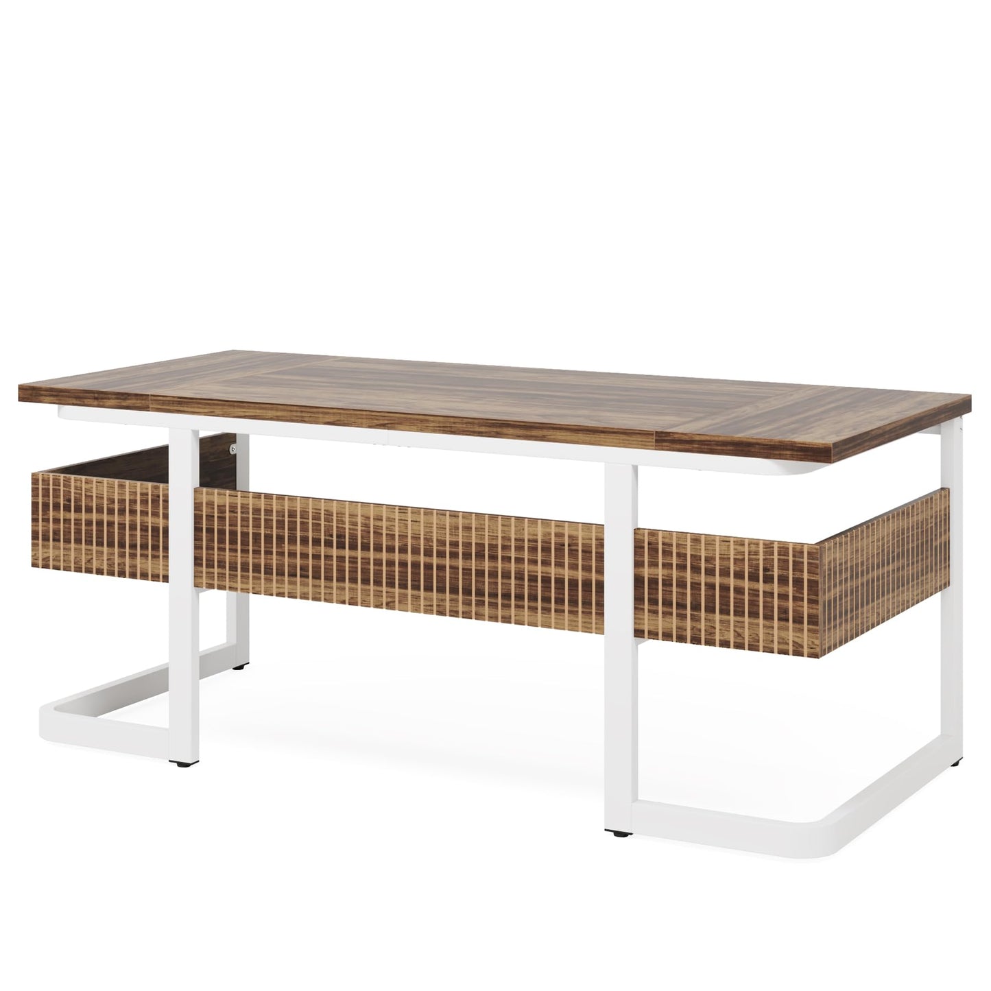 Tribesigns 63" Executive Desk with Bottom Shelves, Large Office Computer Desk, Modern Simple Workstation Business Furniture for Home Office (Walnut & White)