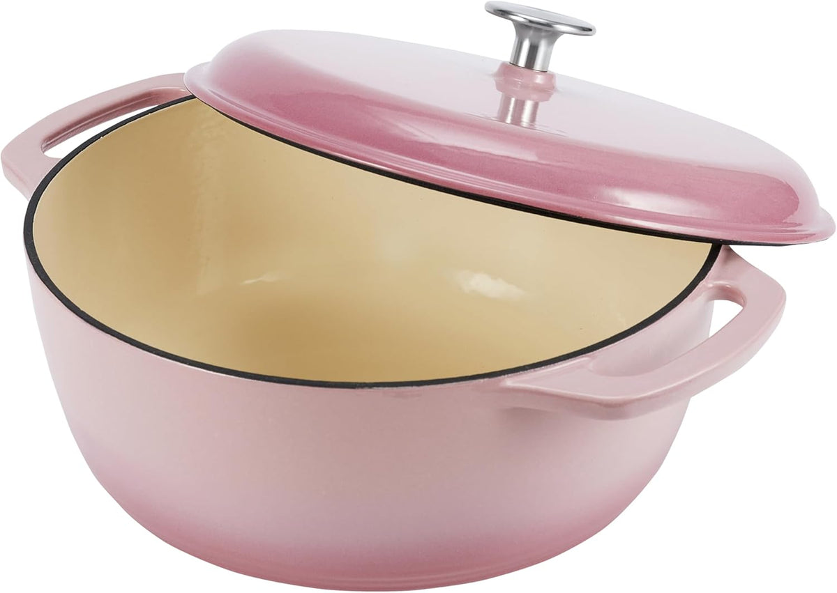 Amazon Basics Cast Iron Dutch Oven Pot with Lid, Enameled, Round, Dual Handles, Heavy-Duty, Medium, 6-Quart, Light Pink