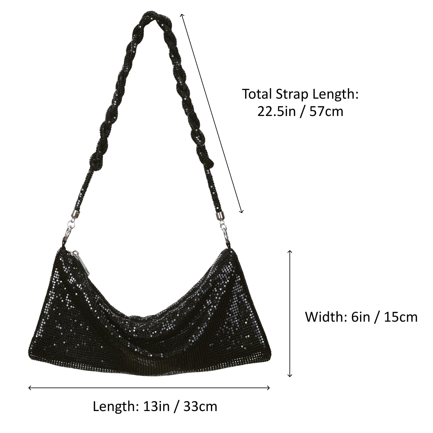 HDE Women's Metallic Mesh Evening Bag Shiny Braid Knotted Shoulder Purse Handbag Black
