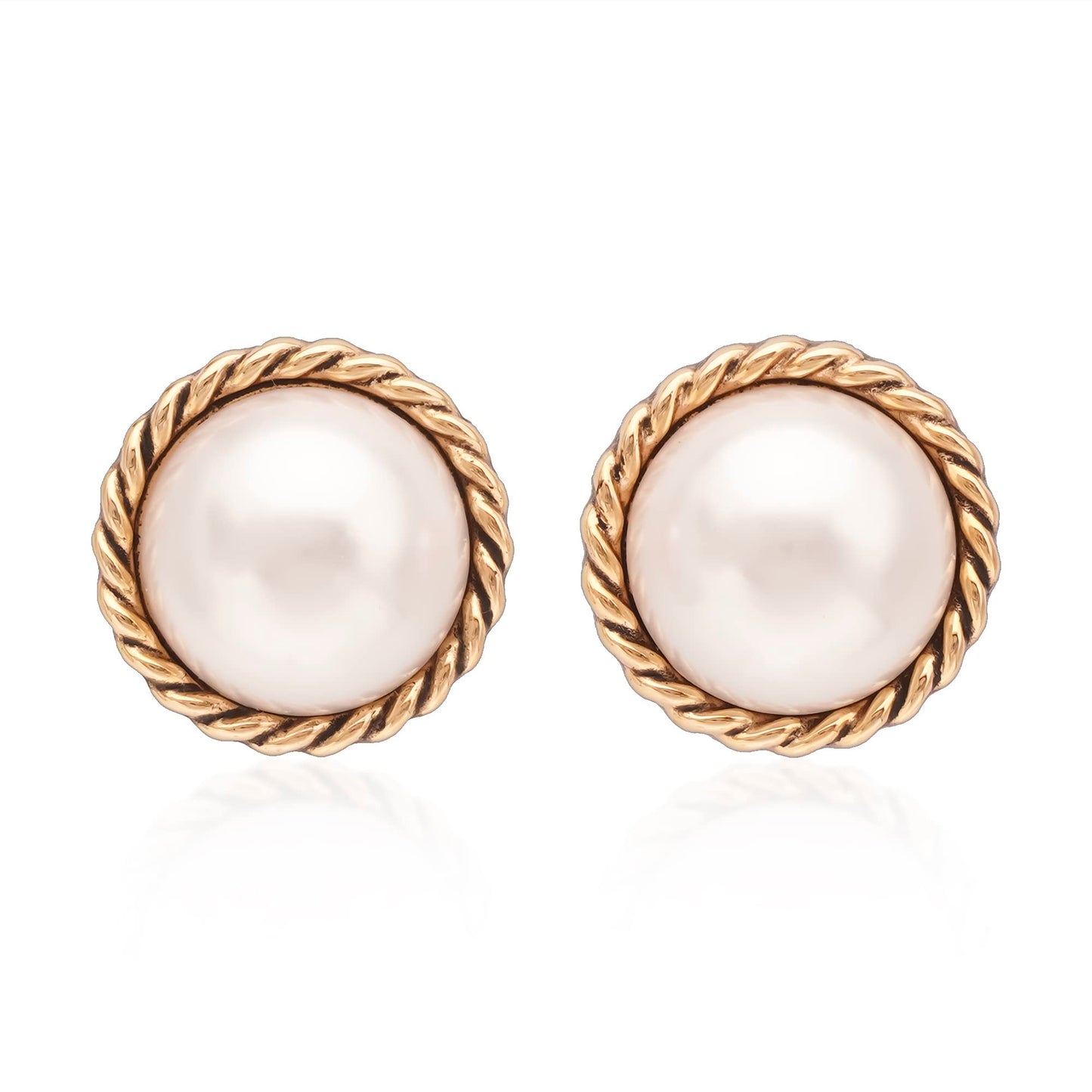 Mierfyni Pearl Stud Earrings, Gold Pearl Earrings Studs, Faux Pearl Earrings for Women Gold Plated 18K, Big Gold Stud Earrings Mabe Pearl Button with Gold Twist Trim