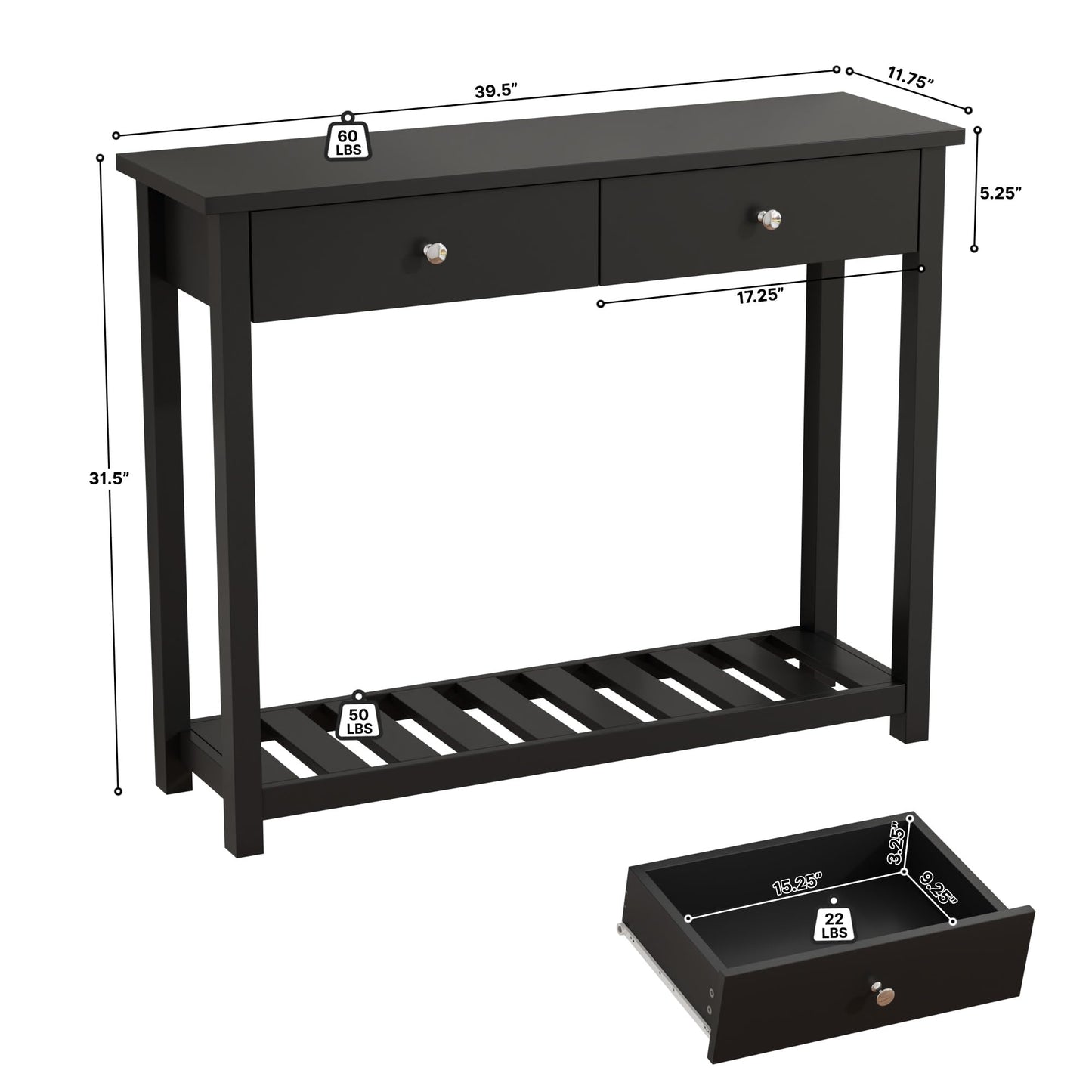 Ludatido Black Console Table with 2 Drawers, Entryway Table with Storage Shelf, 40" Modern Narrow Foyer Sofa Table for Living Room, Entrance, Hallway, Bedroom, Black