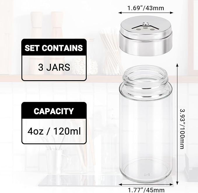 Segarty Spice Jar with Shaker Lids, 3 Pack 4 oz Glass Spice Jars with Adjustable Pour Large Holes, Empty Storage Seasoning Containers Spices Bottles Stainless Lid Salt Shakers for Kitchen Drawer