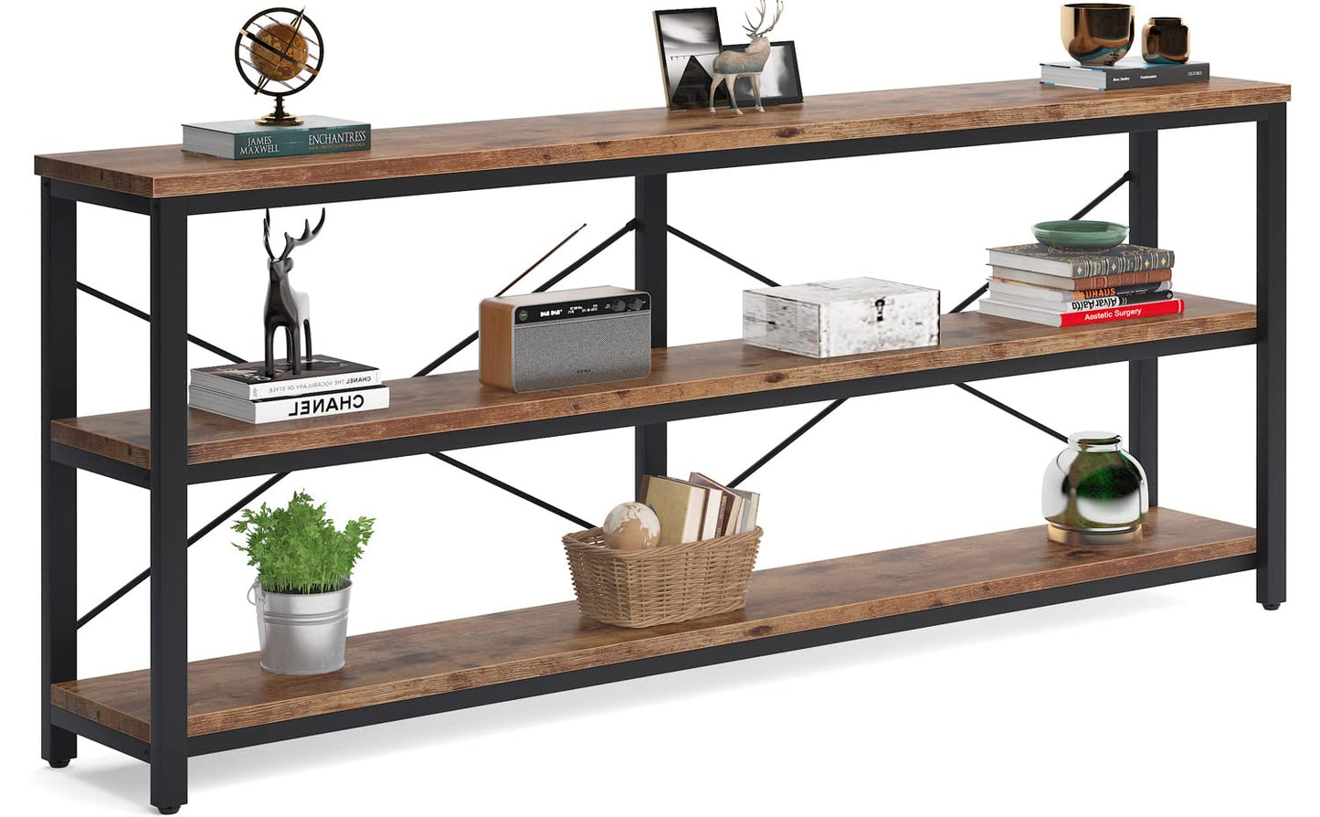 Tribesigns 71" Sofa Tables Extra Long Couch Table, Narrow Long Console Table, Entryway Table,Sofa Table with 3 Tiers Storage Shelves (Rustic Brown)