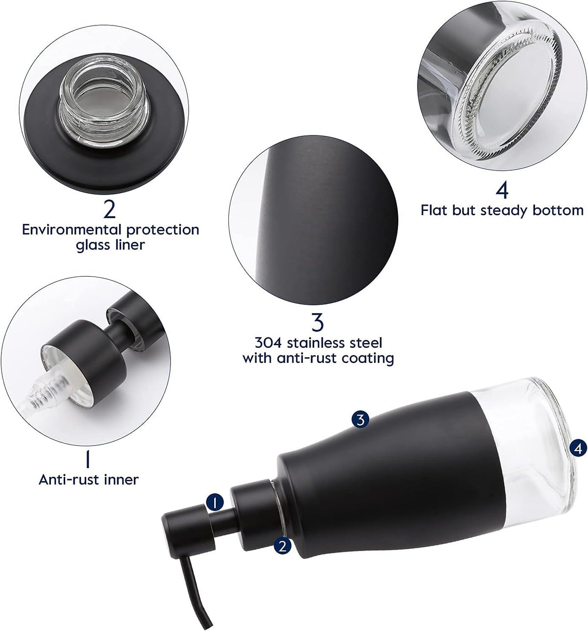 Black Soap Dispenser with Coasterand Stickers, Refillable Liquid Stainless Steel Soap Dispenser for Kitchen Sink, Bathroom Countertop (11OZ / 320ML)