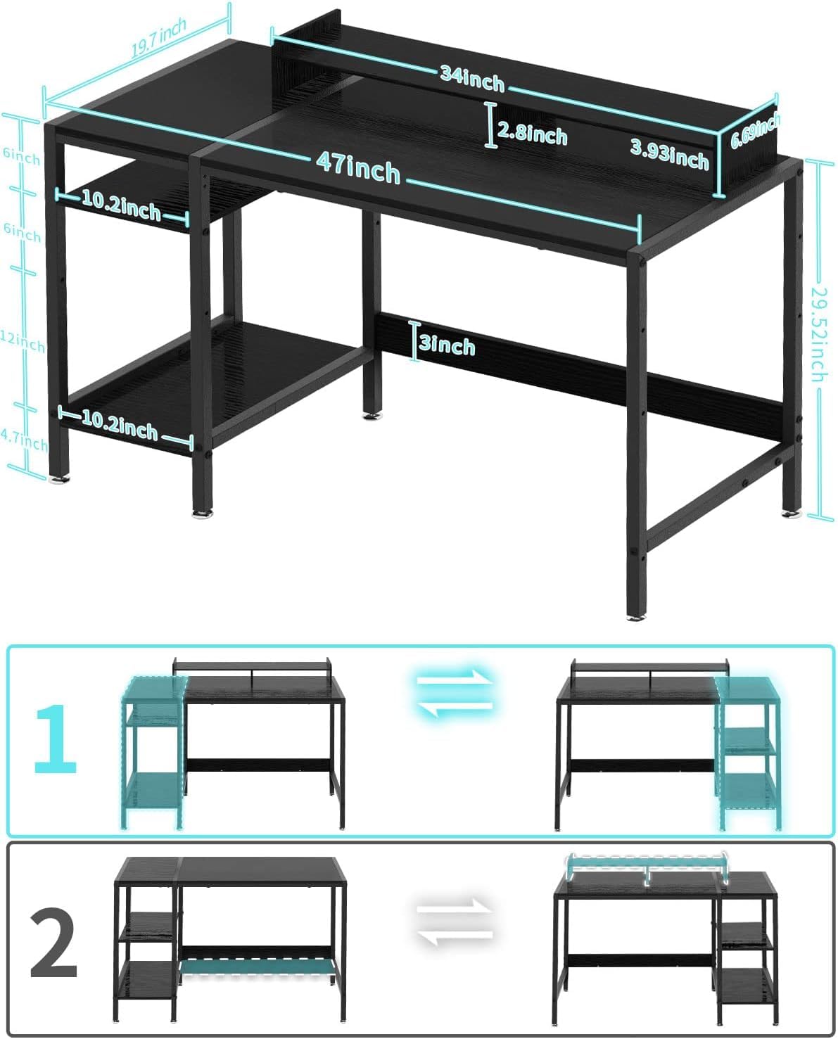 MINOSYS Computer Desk - 47” Gaming Desk, Home Office Desk with Storage, Small Table with Monitor Stand, Storage Space-Savor, Modern Table, Black