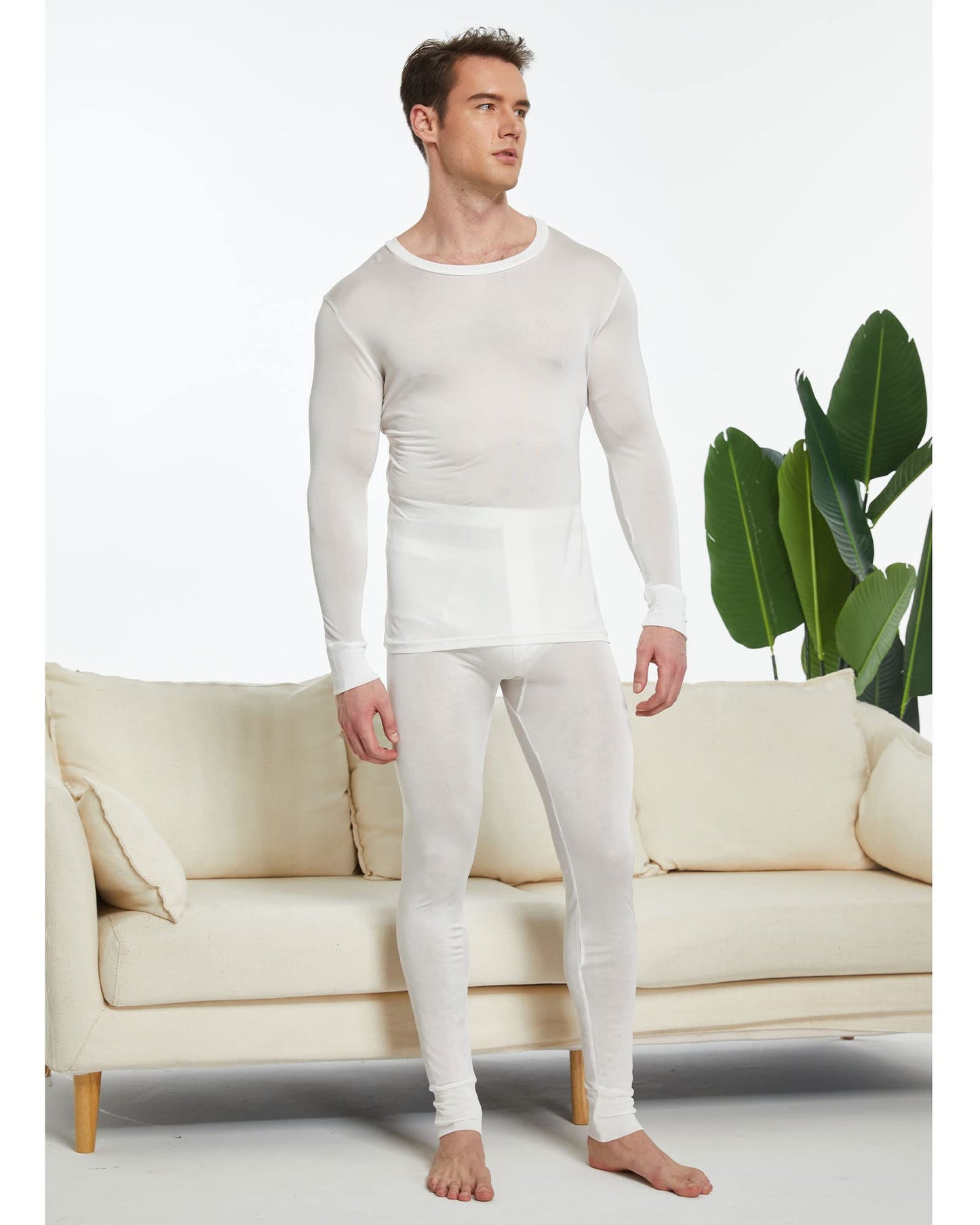 Men's Pure Mulberry Silk Knitted Thermal Underwear Long Johns Bottom(Pants Only) White