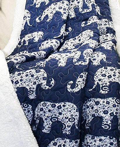 Lush Decor Navy Elephant Parade Throw Fuzzy Reversible Sherpa Blanket 60” x 50 White
